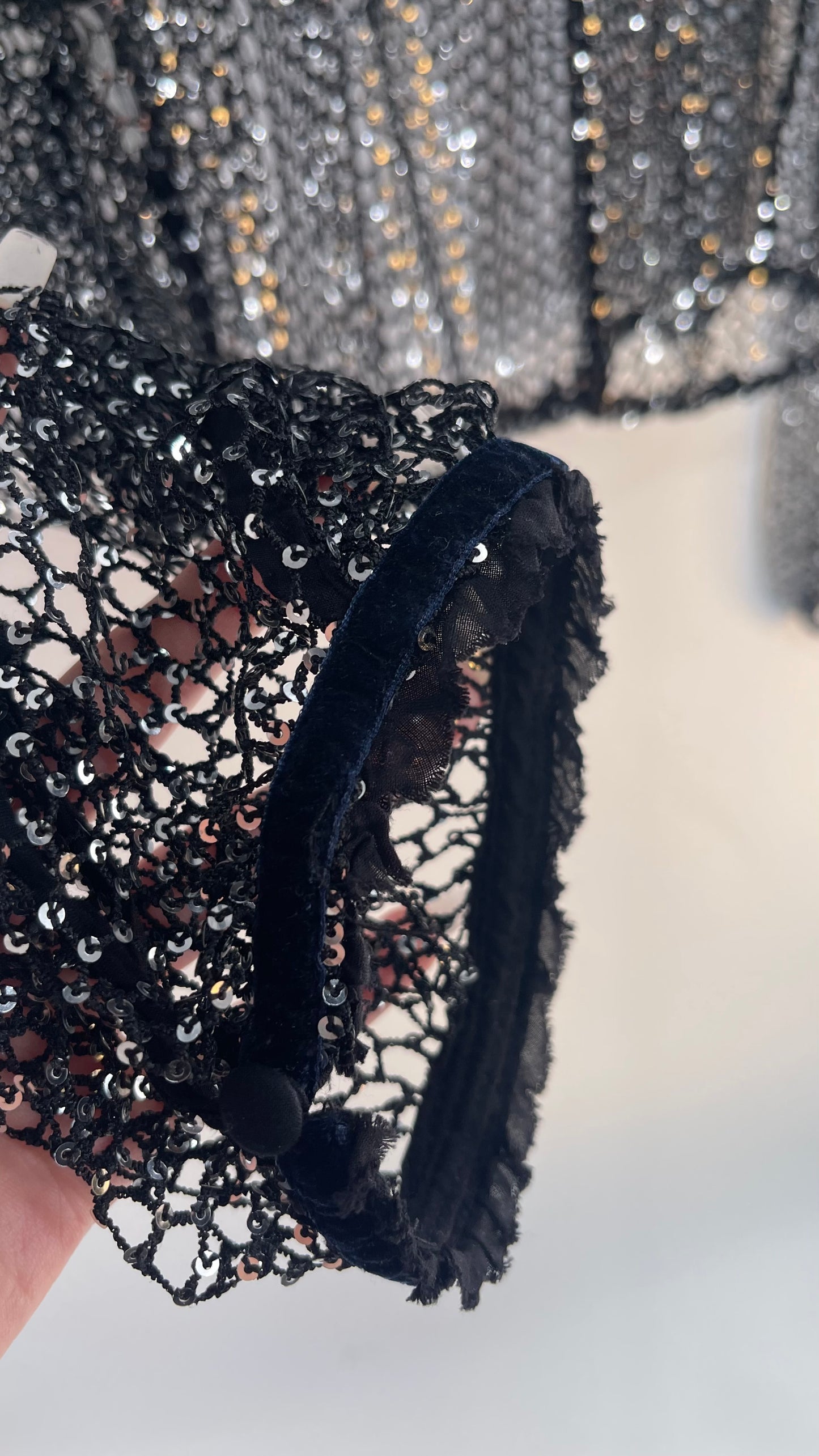 Free People Disco Black Mesh Blouse with Velvet Ribbon Trim (S/M)