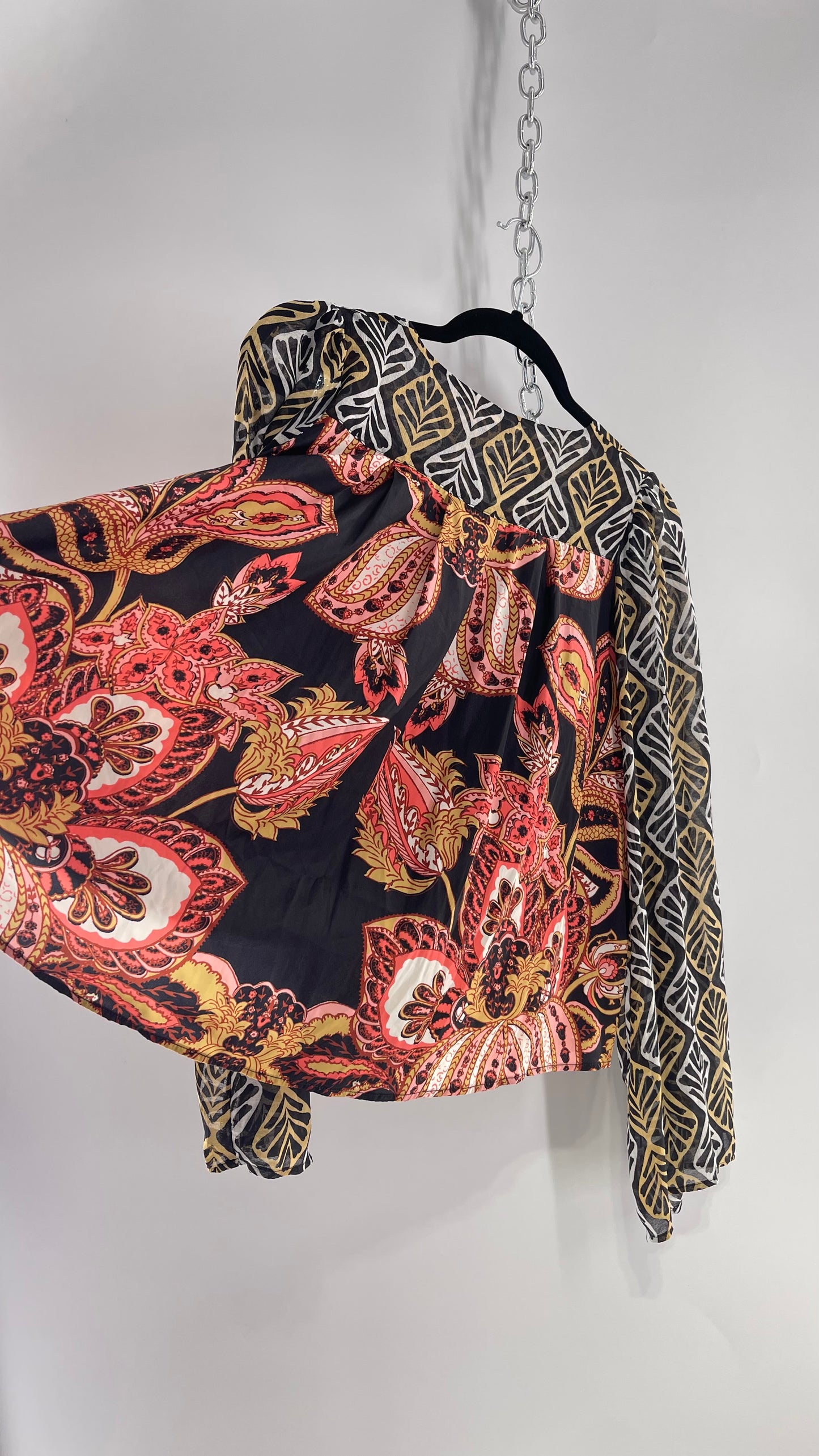 Free People Paisley Bodice Blouse with Sheer Contrast Sleeves, Draping Neckline and Tags Attached (Small)
