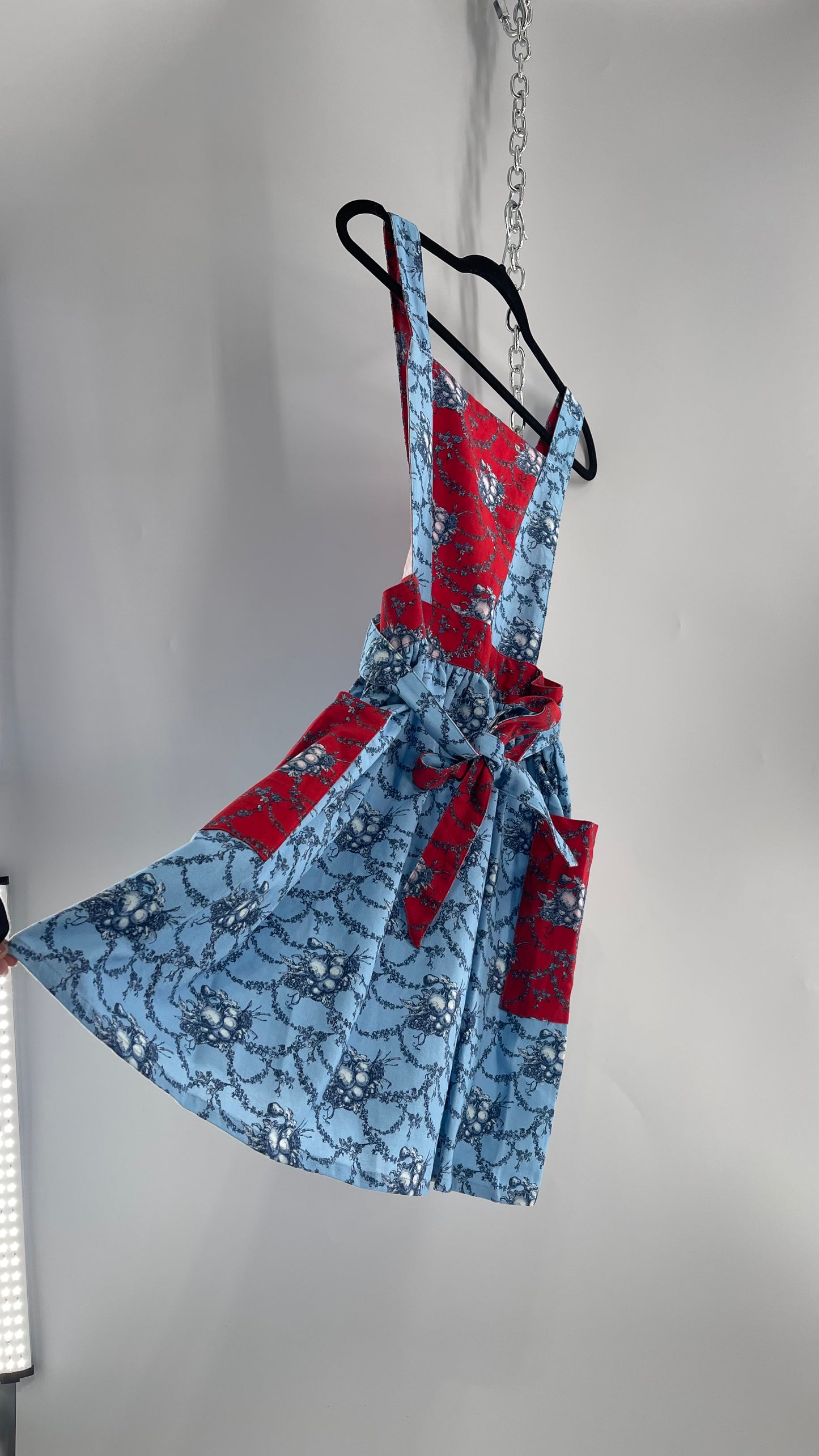 Vintage Apron Red and Baby Blue Floral/Citrus Patterned Mini Dress with Tie Around Bow (S\M)