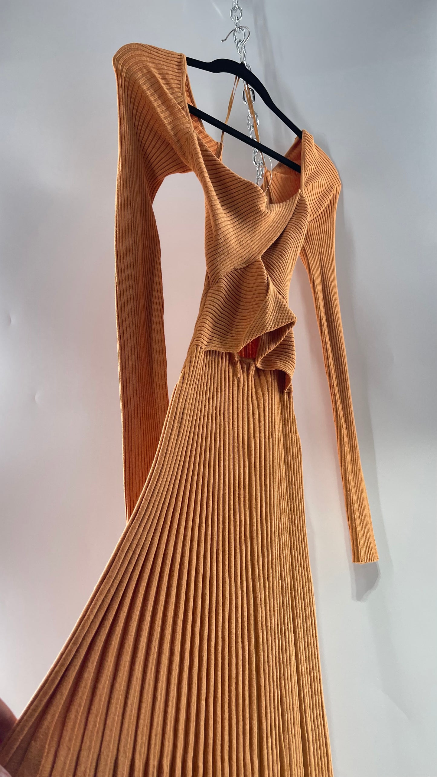Free People Orange Ribbed Knit Maxi Dress with Cross Over Exposed Midriff Dress (Medium)