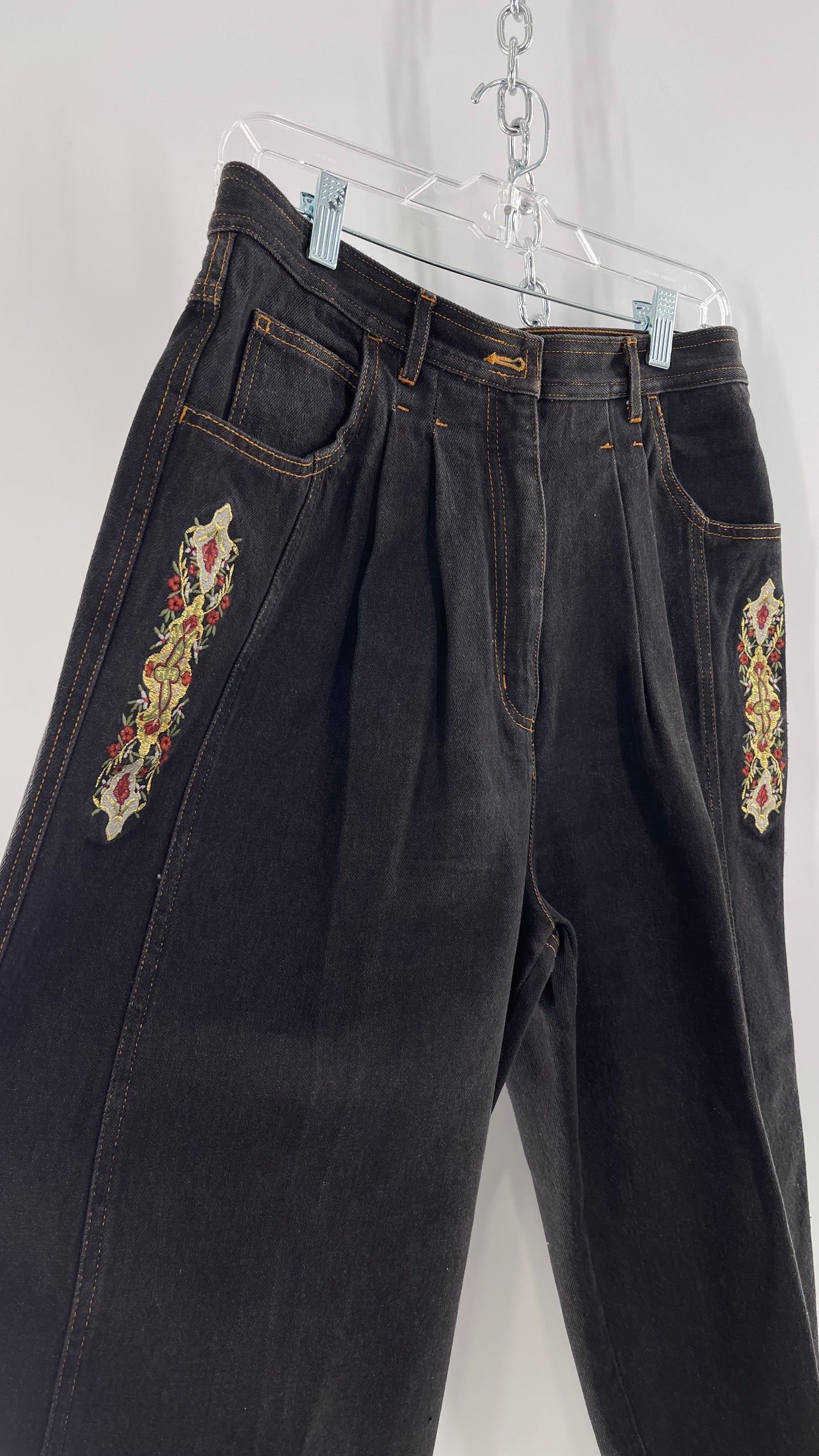 Vintage TOGETHER Basics Dark Gray 80s/90s Tapered, Pleated Waist Old School Embroidered Jeans (14)
