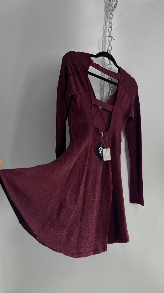 Free People Plum Tinsel Sparkle Long Sleeve Knit Mini Dress (Small)
