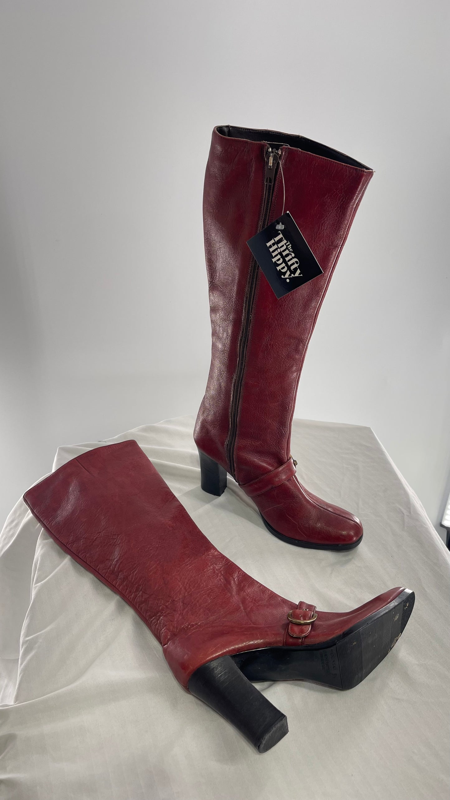 Vintage Etienne Aigner Red Italian Leather Boots with Buckle Strap (8.5)