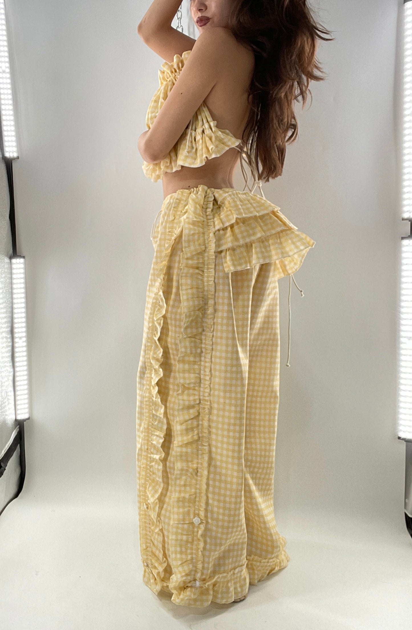 Vintage 2 Piece Yellow Checkered/Gingham Patterned Picnic Set with Ruched Bust Top and Ruffle Side Wide Legs with Adjustable Length, Strap Up Buttons on Hem (One Size)