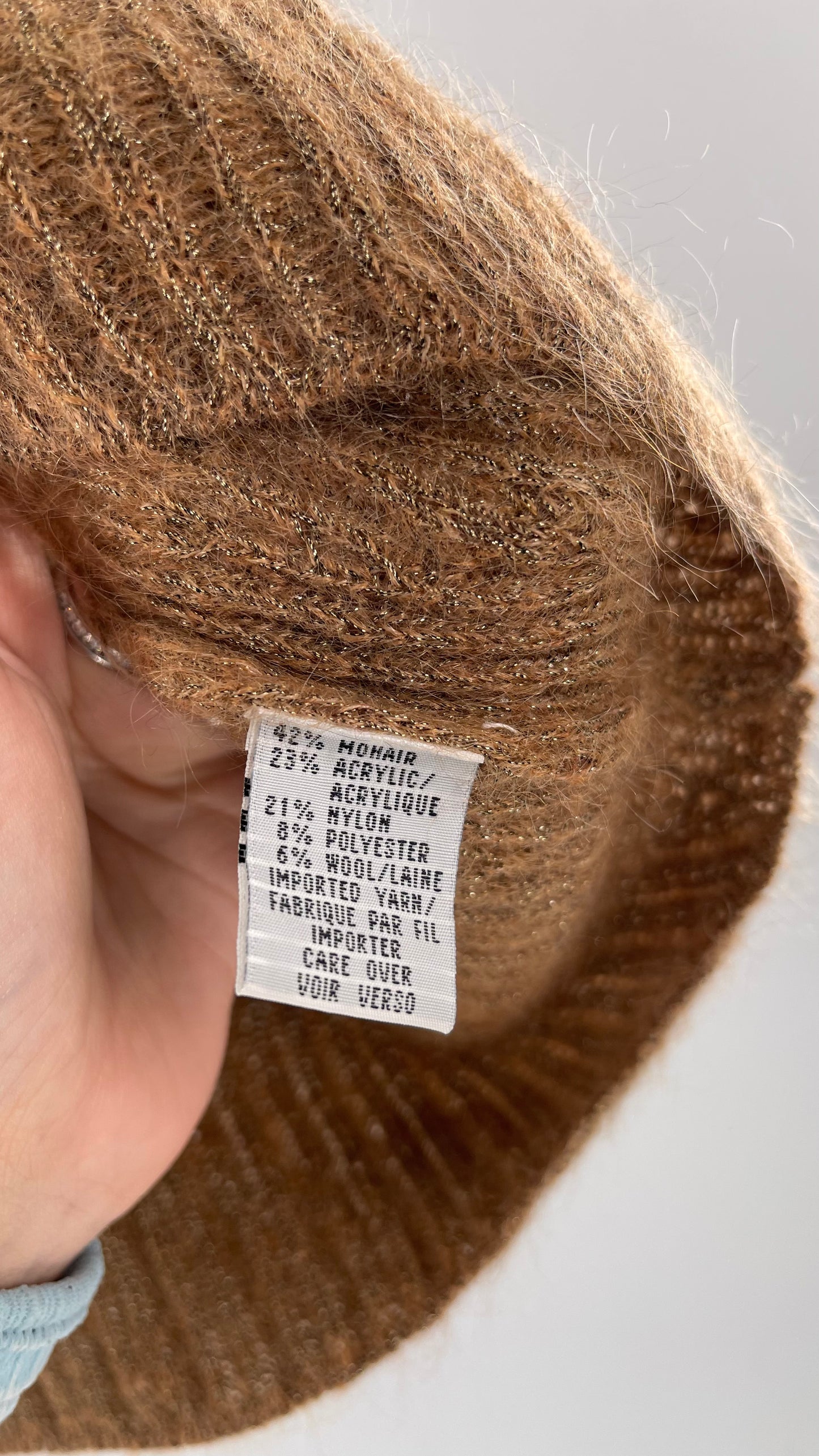Vintage Anne Klein 42% Mohair Tan Knit Tank with Gold Tinsel (Large)