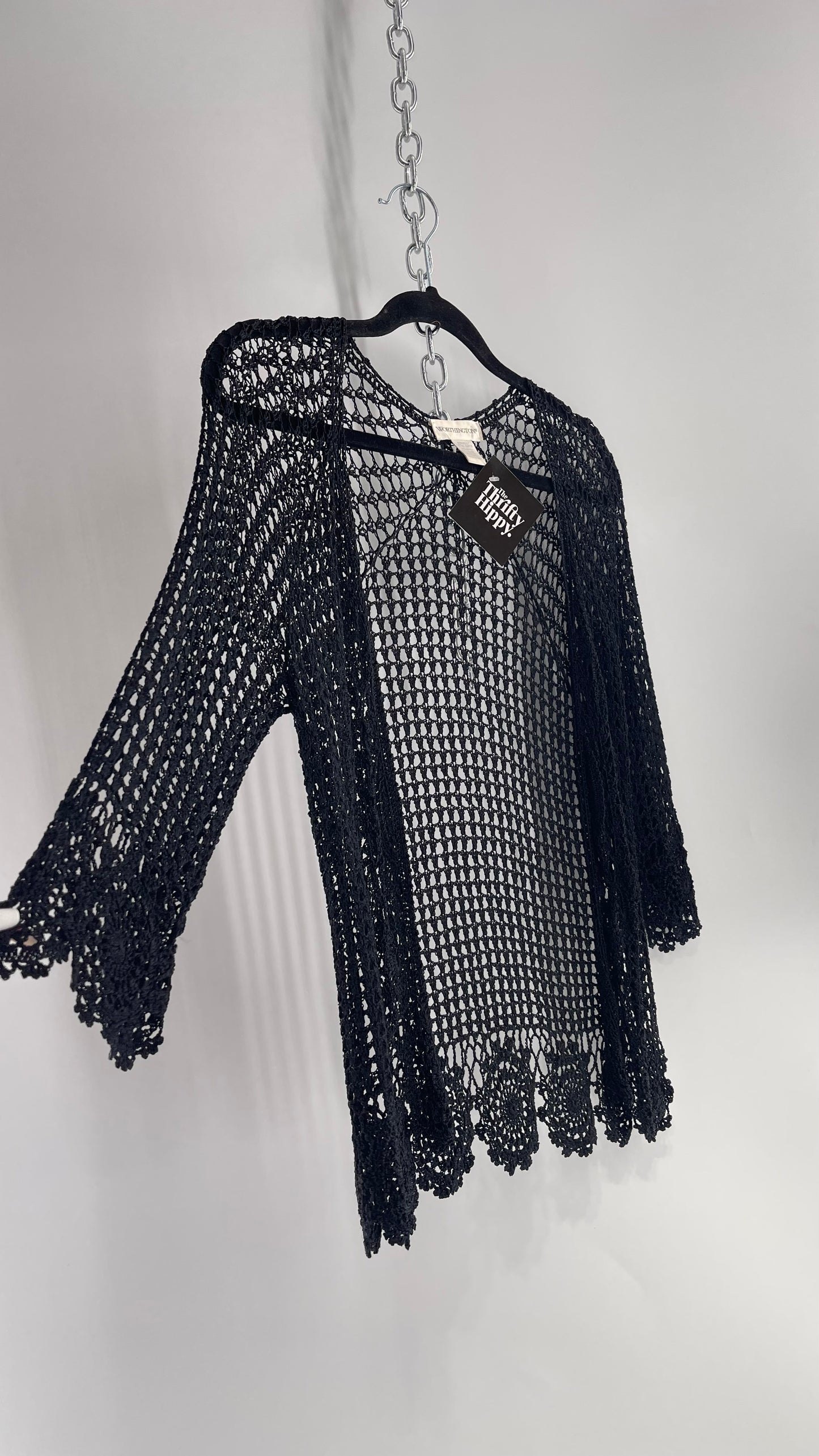 Vintage Black Crochet Slinky Top with Ribbon Bust Tie (XS)