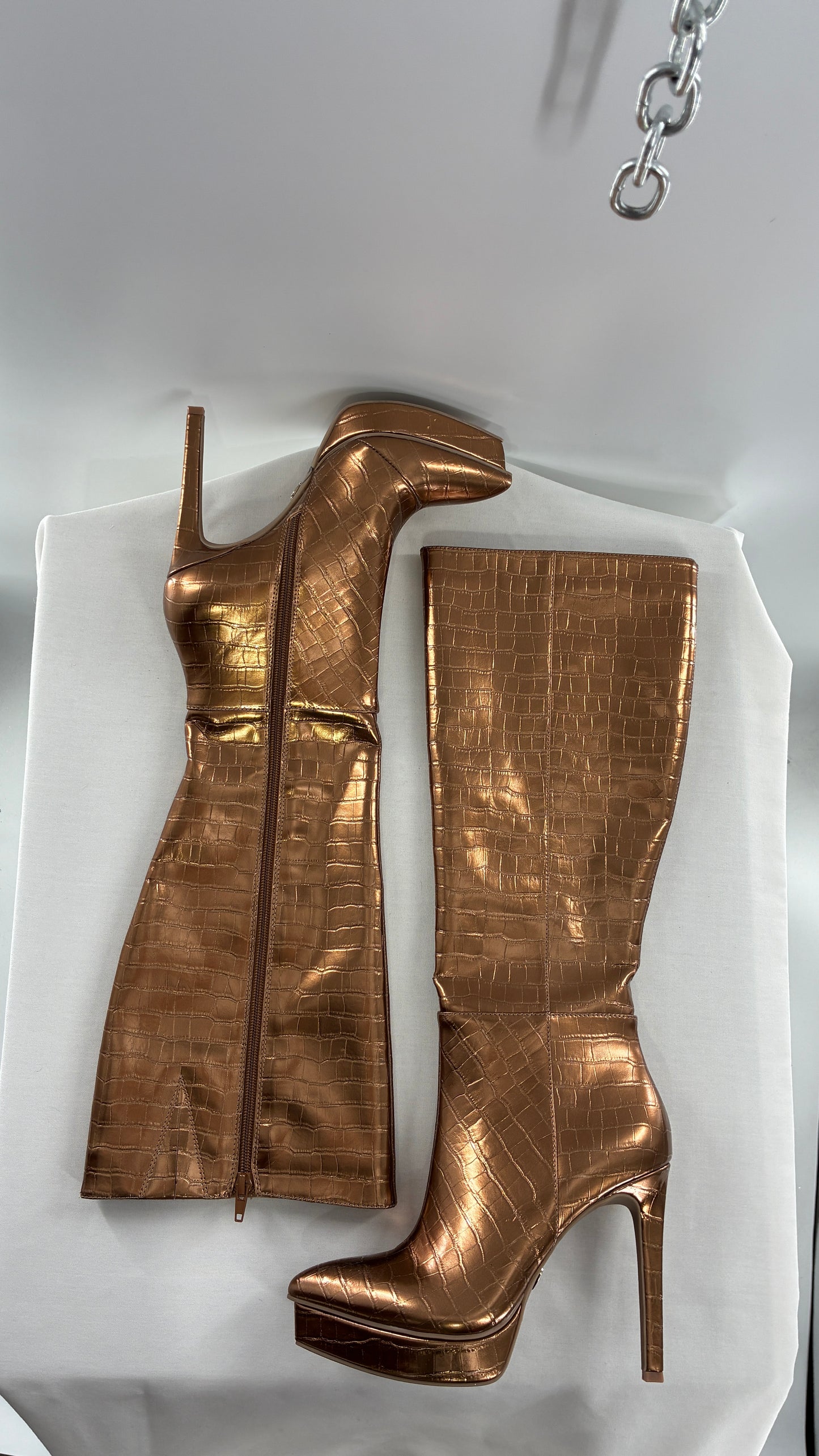 Vintage THALIA SODI Bronze Embossed Crocodile Texture Platform, Pointed Toe, Knee High Boots (6)