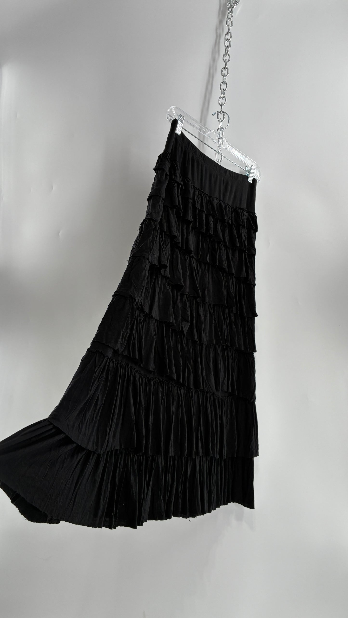 Vintage Black Ruffled 100% Viscose Ruffled Maxi Skirt (PSmall)