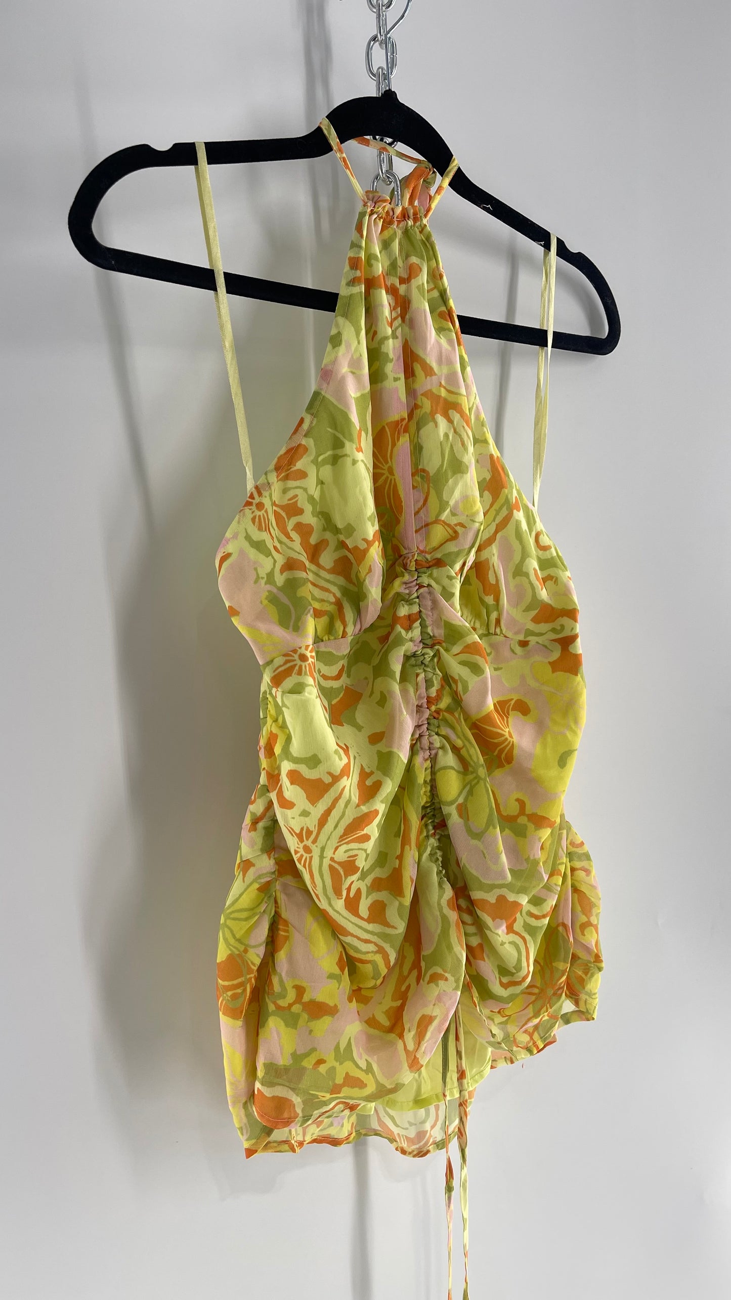 Free People Lime Green and Yellow Ruched Blouse with Cut Out Bust, Adjustable Scrunched Torso and Tie Neck Tank (Large)