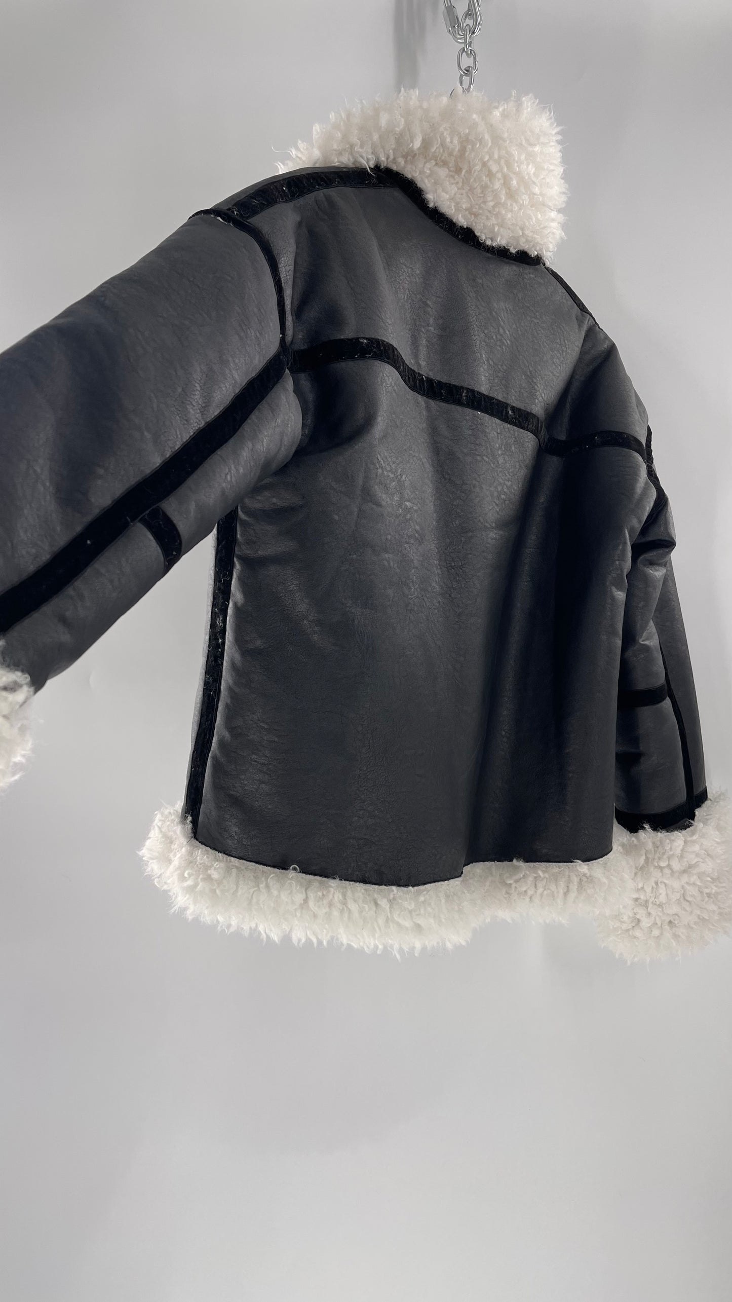 LIONESS Phoenix Jacket Black Faux Leather White Fur Trim (Large)