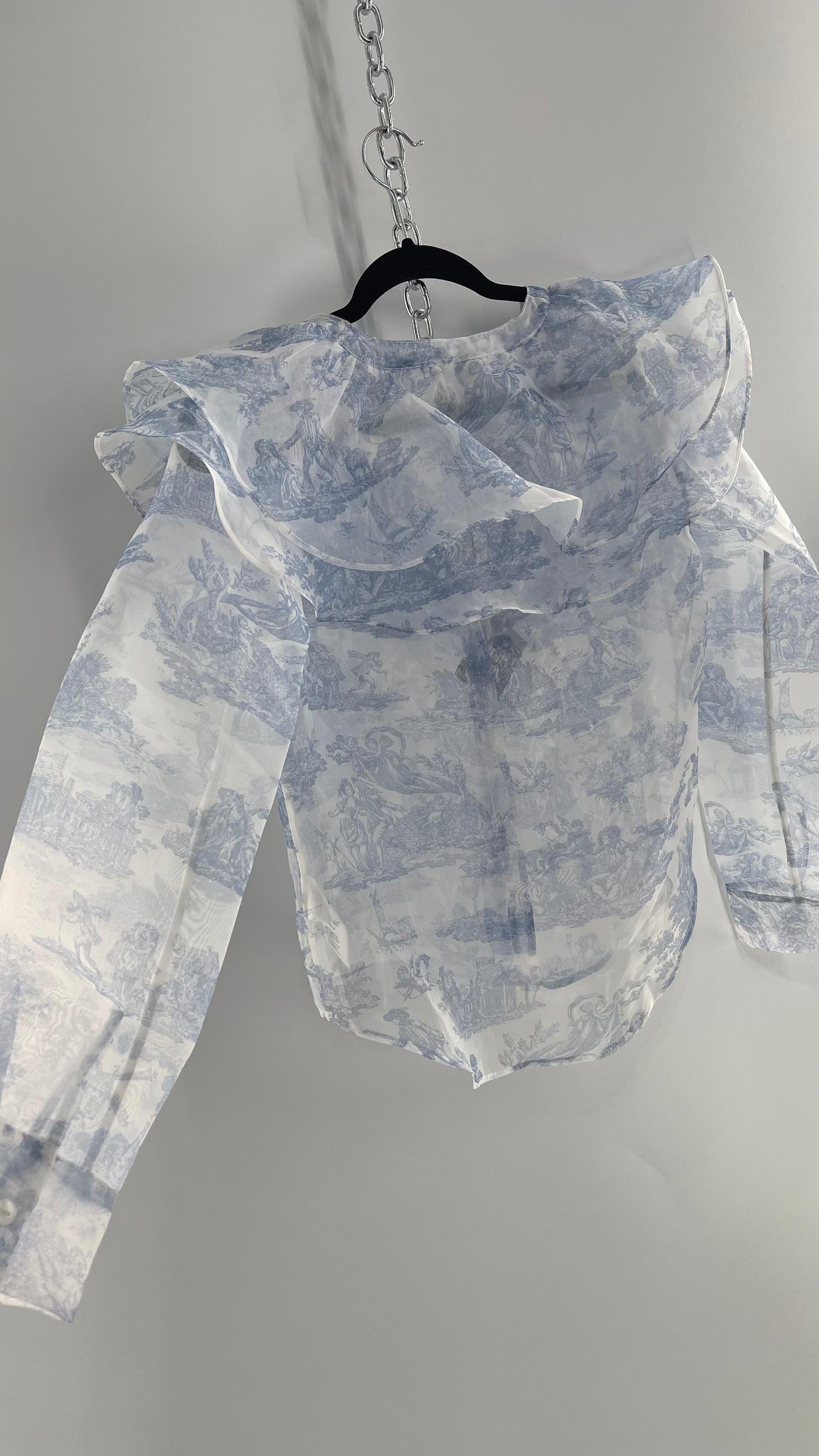 Laura Ashley Urban Outfitters Voile Sheer Ruffled Shoulder Button Up with Blue Vintage Print (XS)