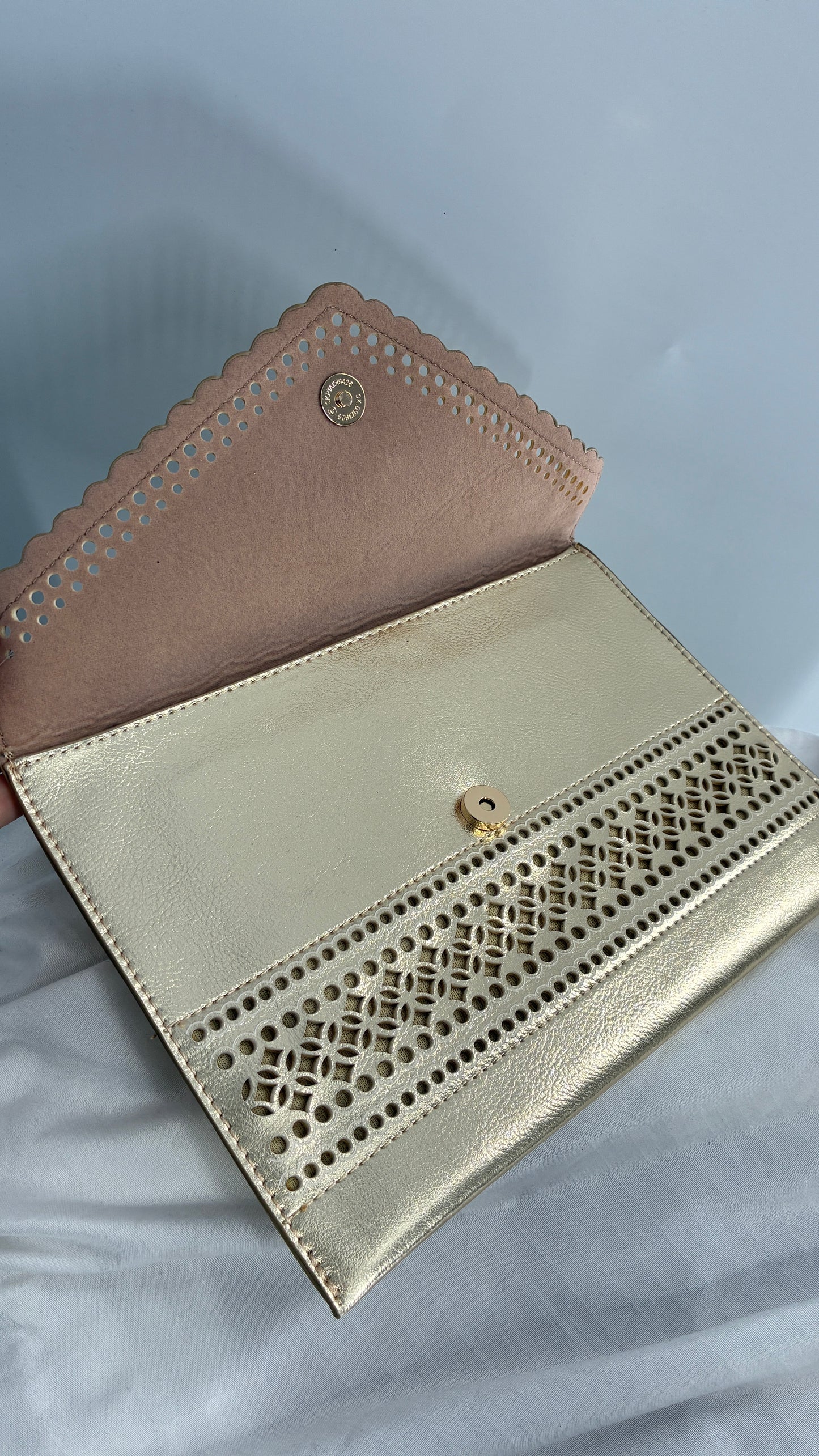 Anthropologie Gold Envelope Eyelet Lace Clutch