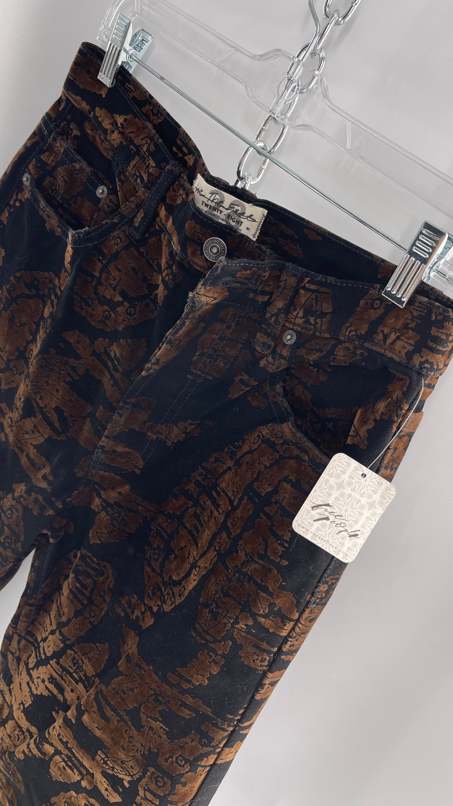 Free People Black/Brown Velvet Texture Graphic Straight Legs with Raw Edge Hem and Tags Attached (28)
