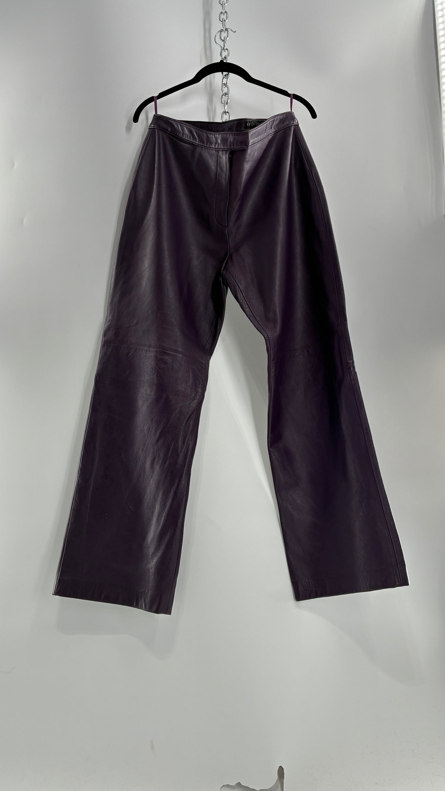 Vintage SHIN CHOI Genuine Italian Leather Purple Side Closure Low Rise Pants (12)