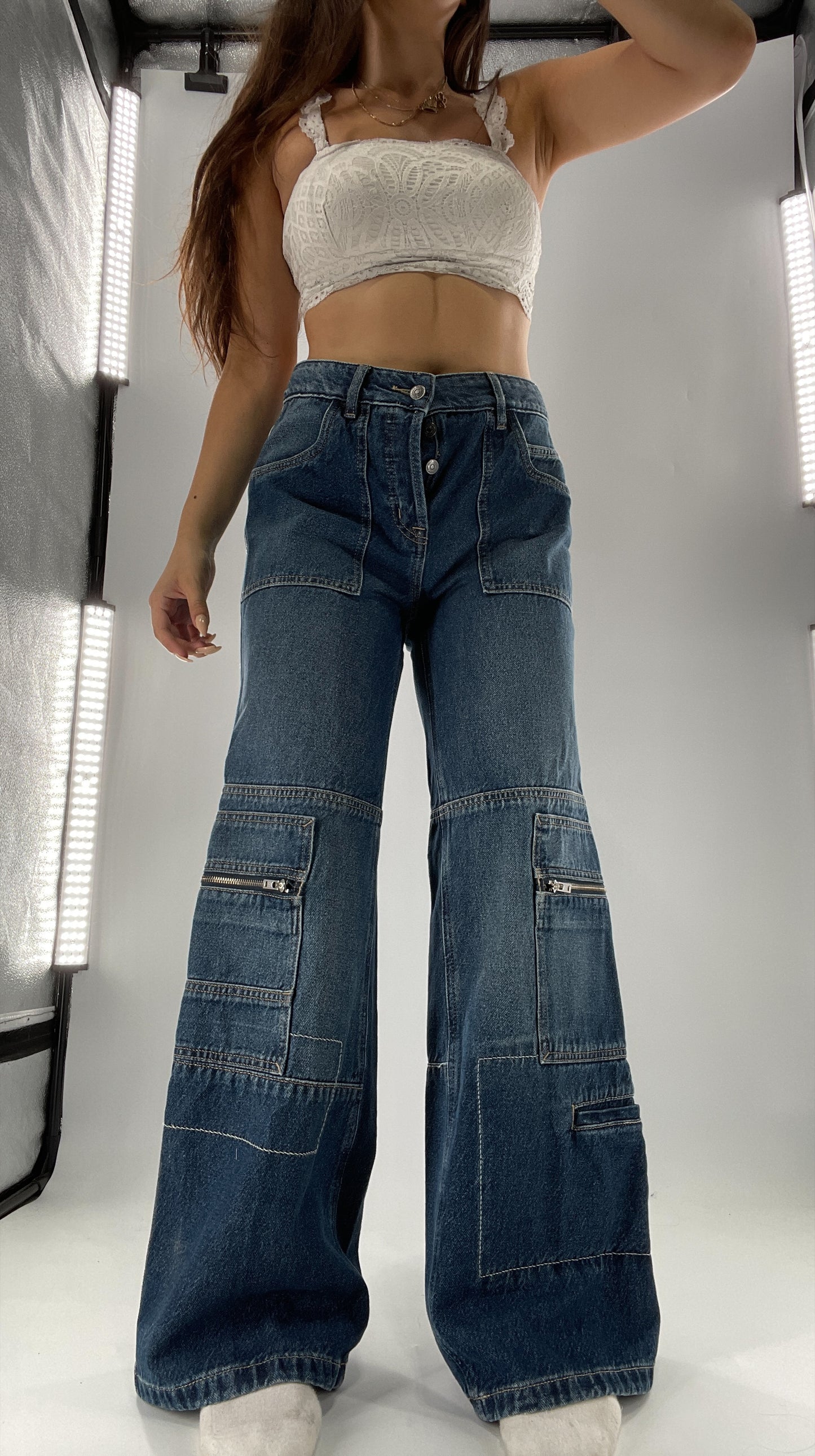 Free People Medium Wash Baggy Straight Legs Jeans Covered in Zippers, Pockets, Stitching (28)