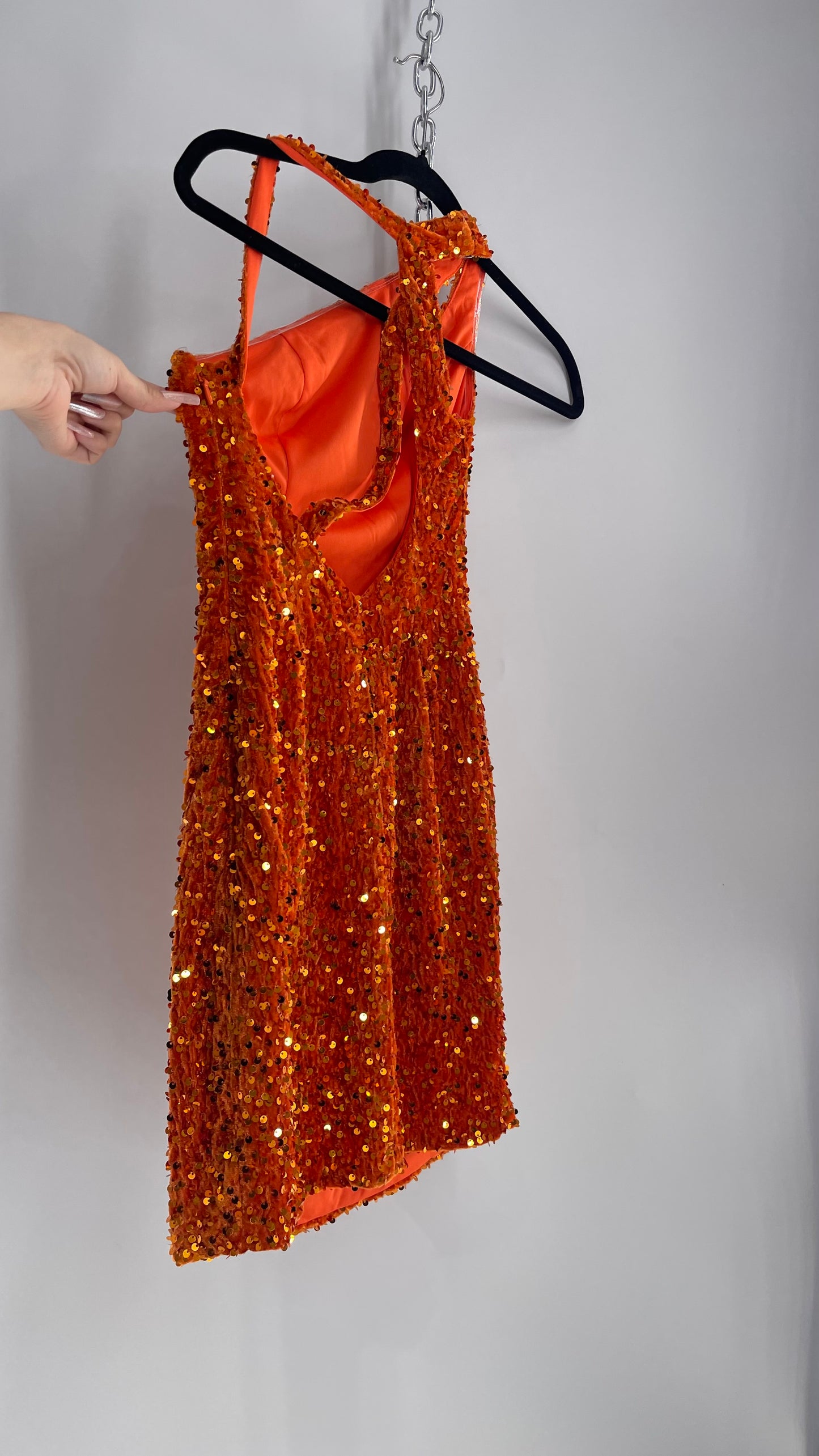 Orange Velvet Sequin Mini Dress with Cut Out Details (XS/S)