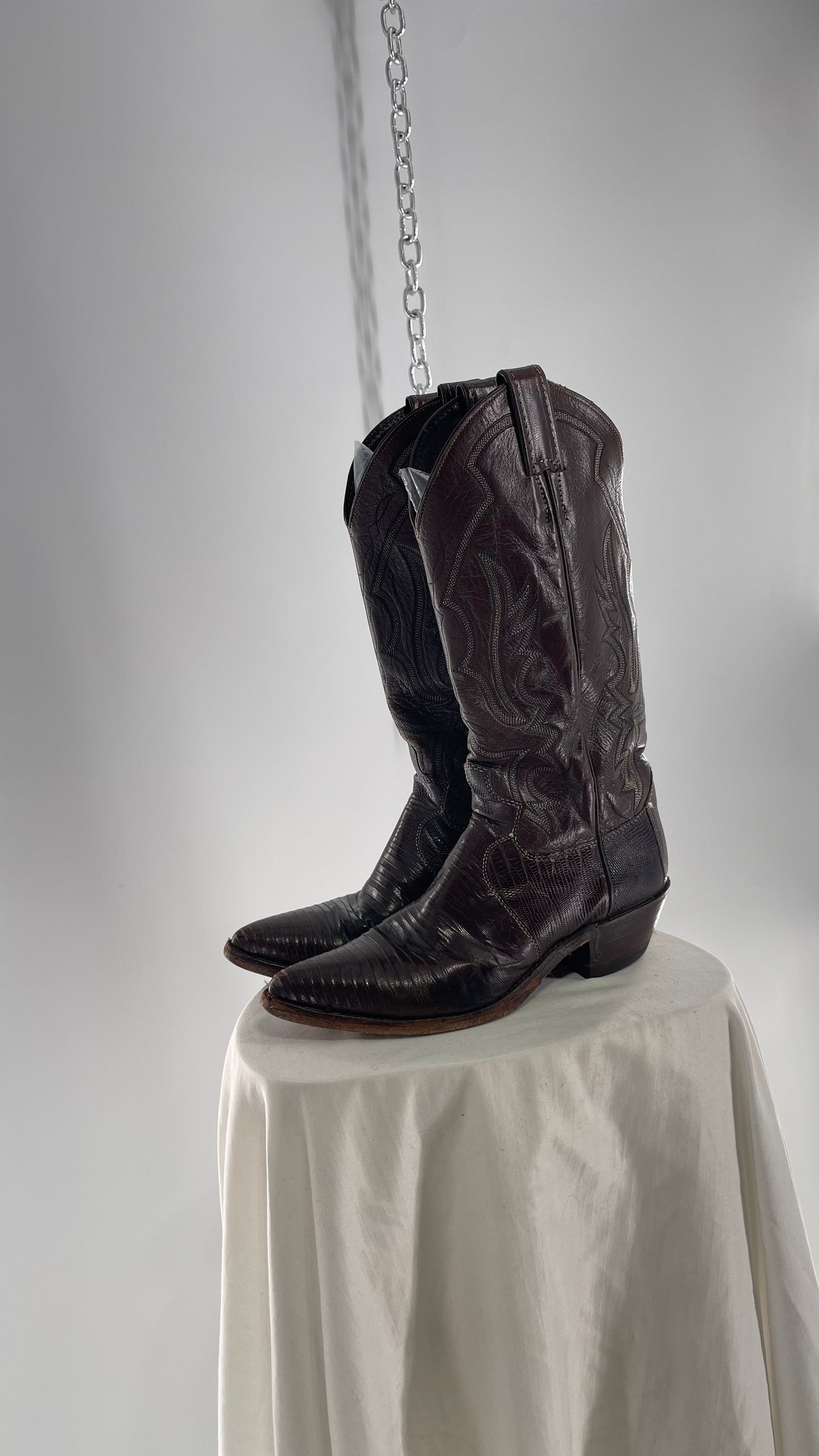 Vintage JUSTIN Dark Brown Leather/Lizard Pointed Toe Cowboy Boots Worn In (7.5)
