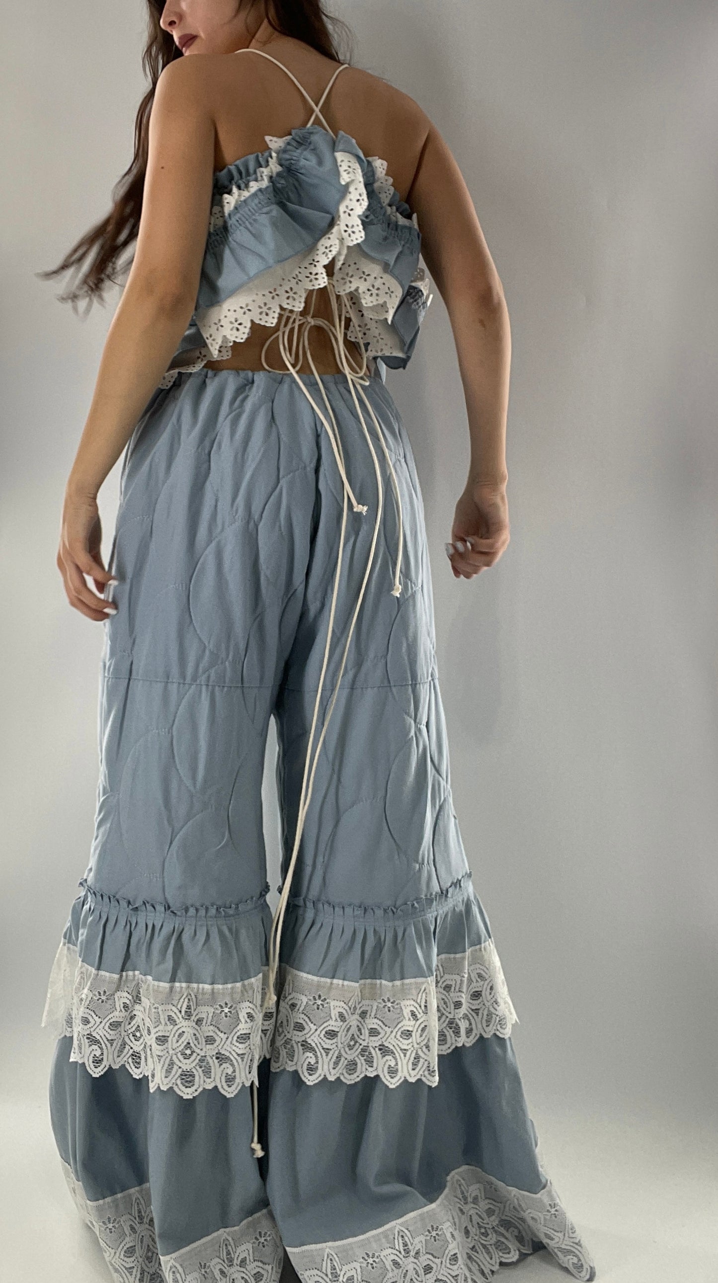 Vintage 2 Piece Powder Blue Set Featuring 2Way Blouse and Quilted Trousers Covered in Ruffles, Lace and Trim (One Size)