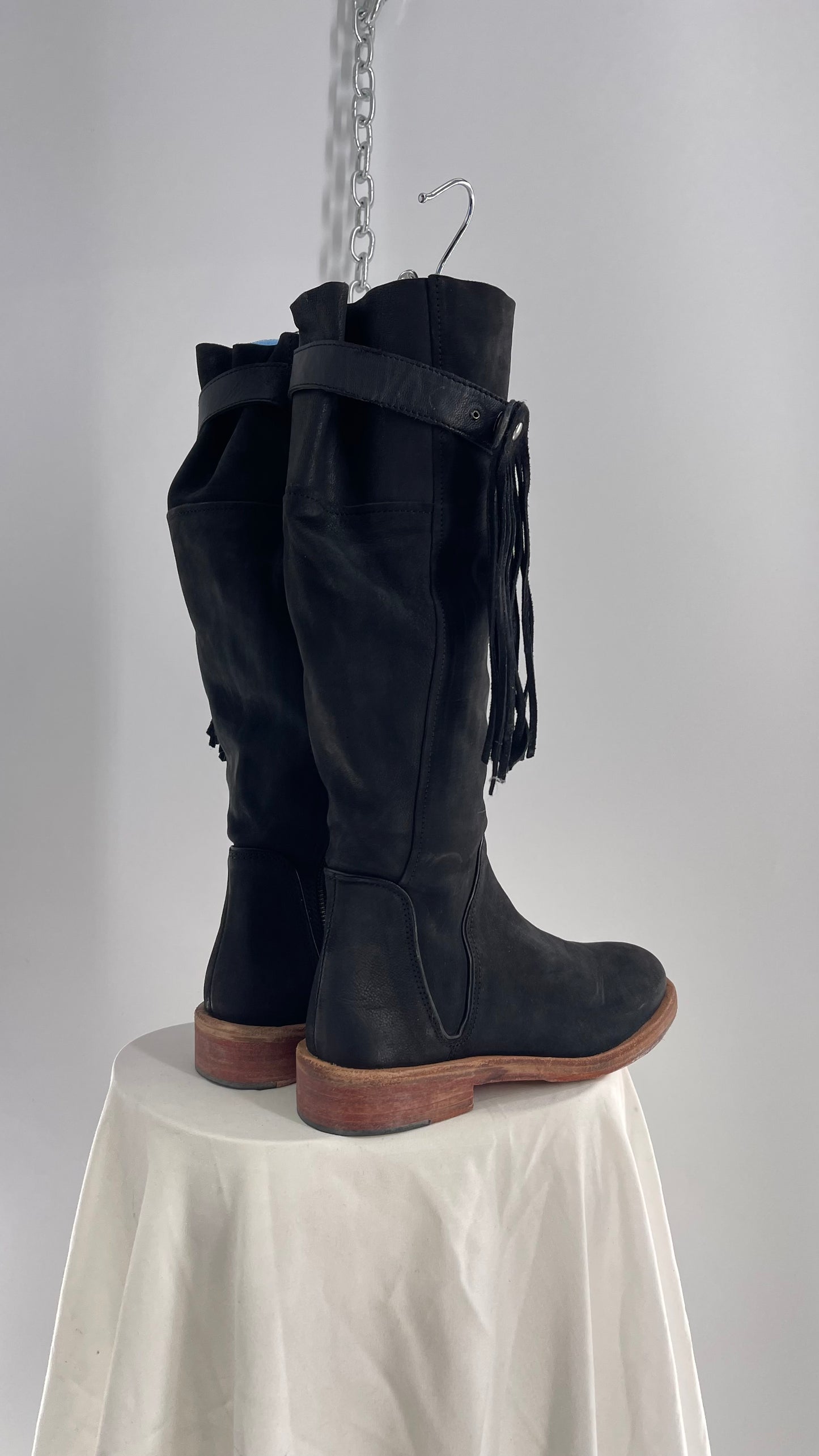 Free People Sayre Banks Slouchy Black Suede Leather Knee High Tassel Side Buckle Boot (38)
