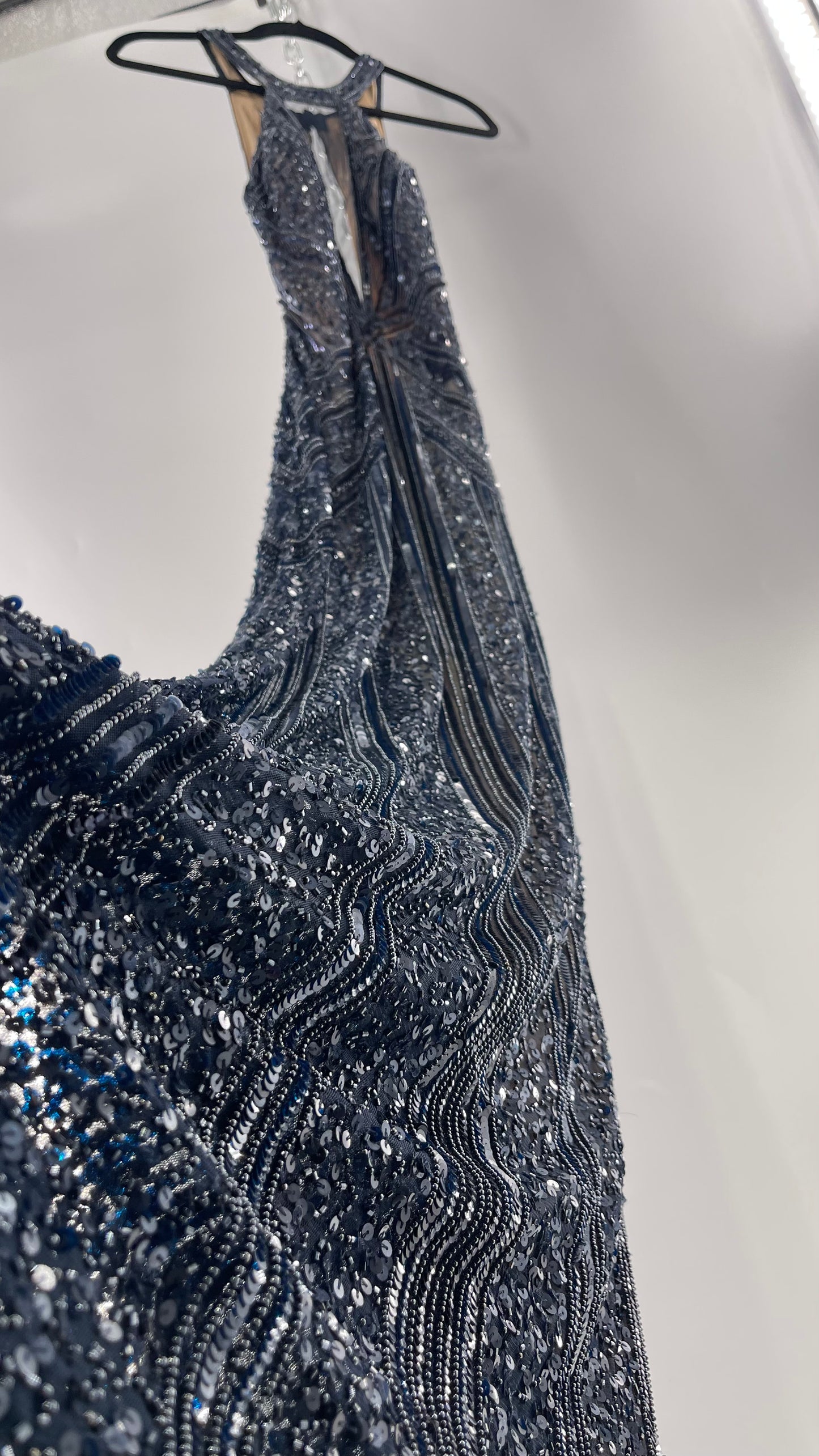 Vintage SCALA Navy Blue Beaded Floor Length Gown with Plunging Neckline, Backless Detail, and Tan Underlay (C)(4)