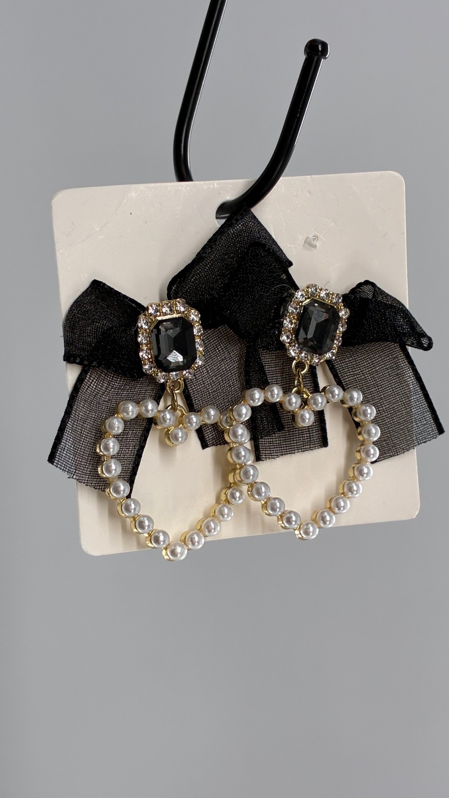 Pearl Lined Heart Earrings with Black Ribbon Bows
