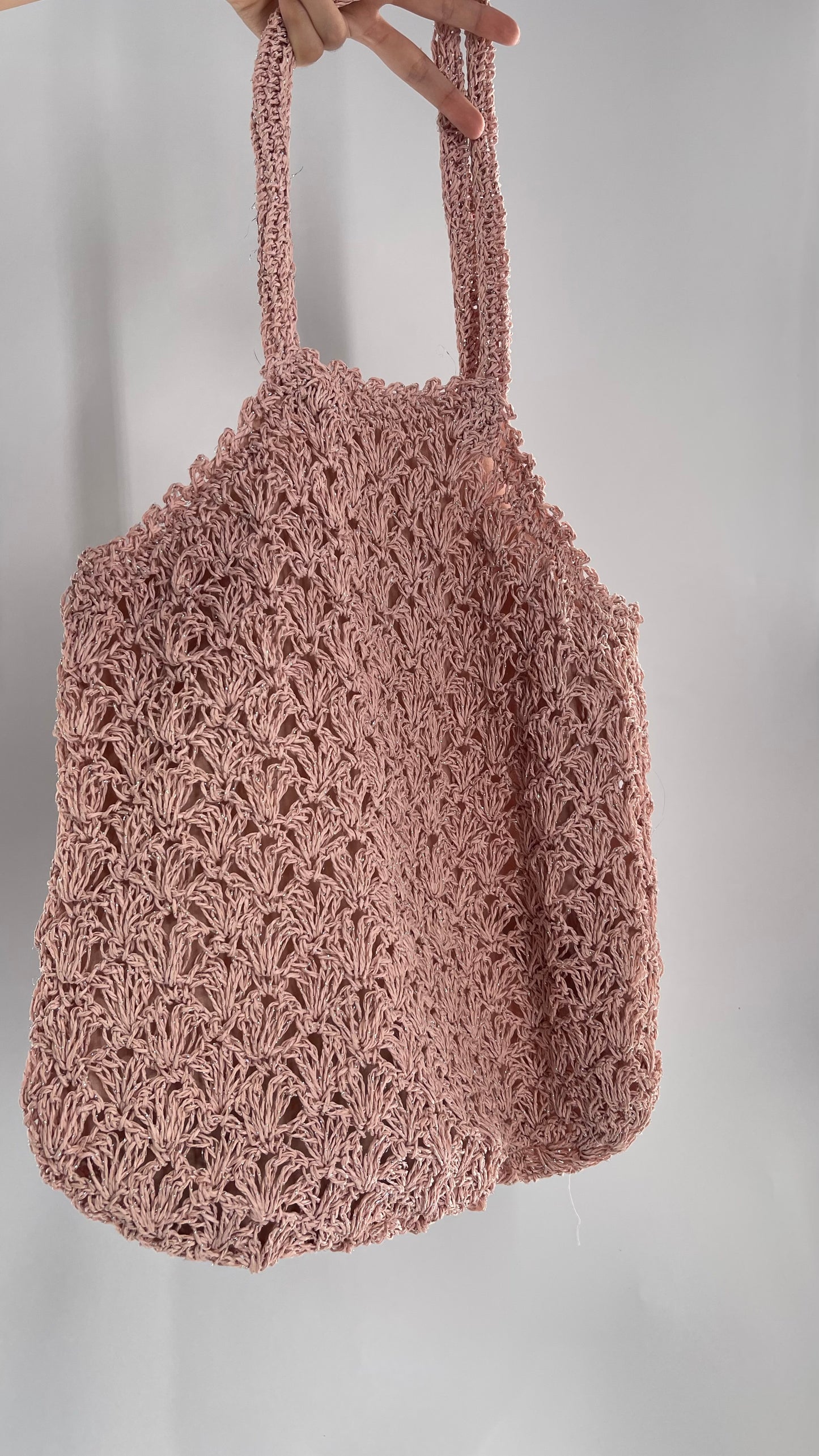 Urban Outfitters Baby Pink Straw Tote Bag with Silver Tinsel