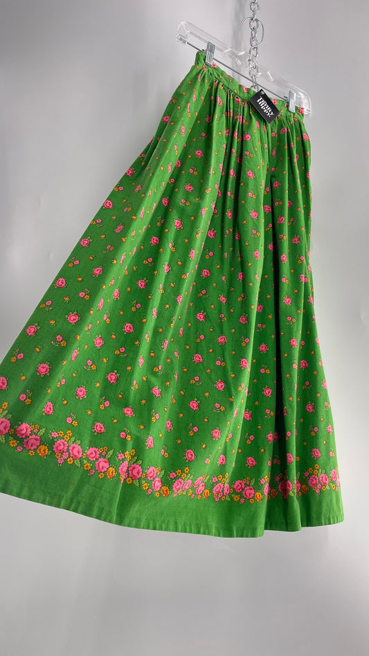 Vintage Imported Cotton Kelly Green Skirt with Pink Roses (XS)