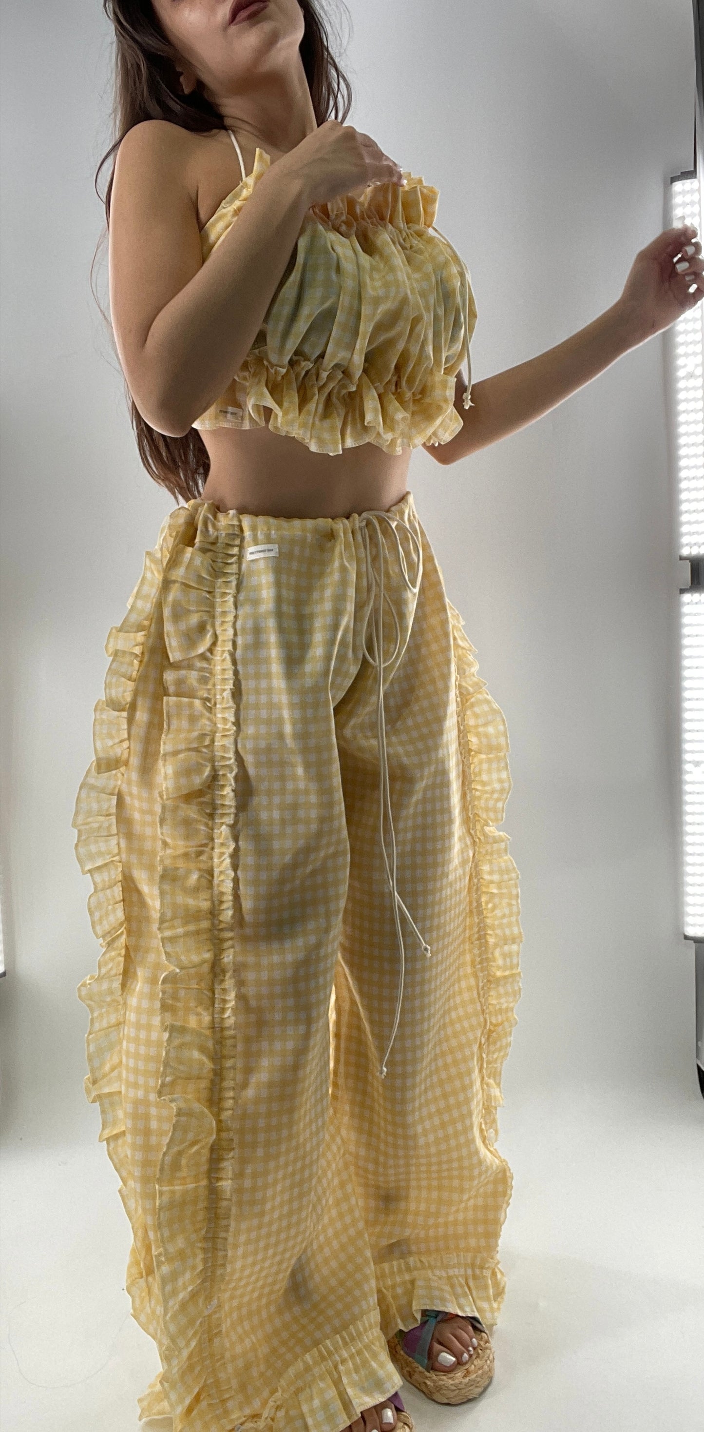 Vintage 2 Piece Yellow Checkered/Gingham Patterned Picnic Set with Ruched Bust Top and Ruffle Side Wide Legs with Adjustable Length, Strap Up Buttons on Hem (One Size)