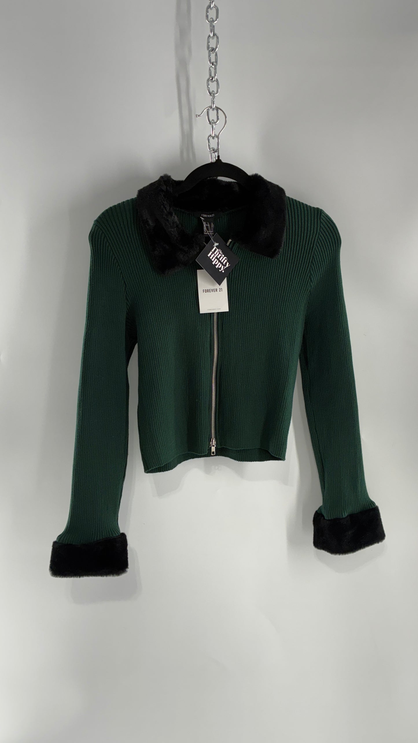 Forever 21 Green Ribbed Knit Zip Up with Fur Collar and Cuffs, Tags Attached (Large)