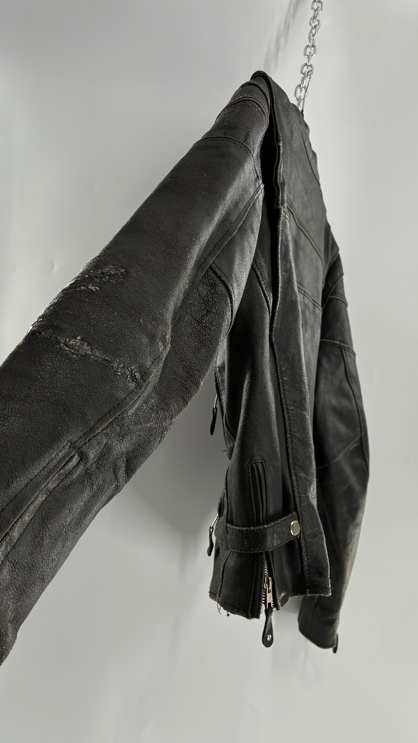 Vintage Distressed Genuine Leather Motorcycle Jacket with Zippered Pockets, Cuffs, and Sides (Large)