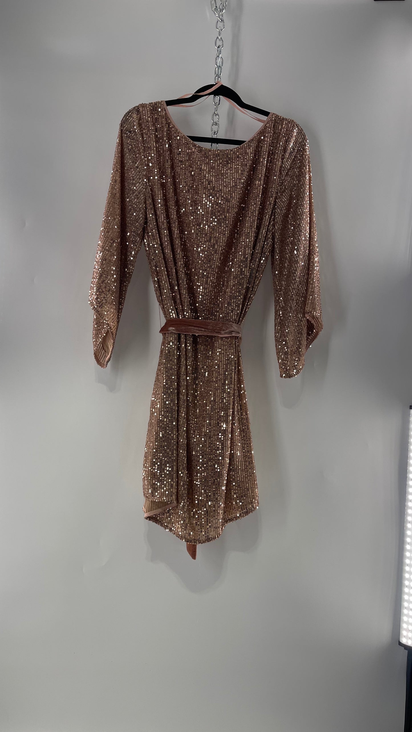 Anthropologie Rose Gold Sequin Dress with Velvet Waist Belt and Tags Attached (XL)