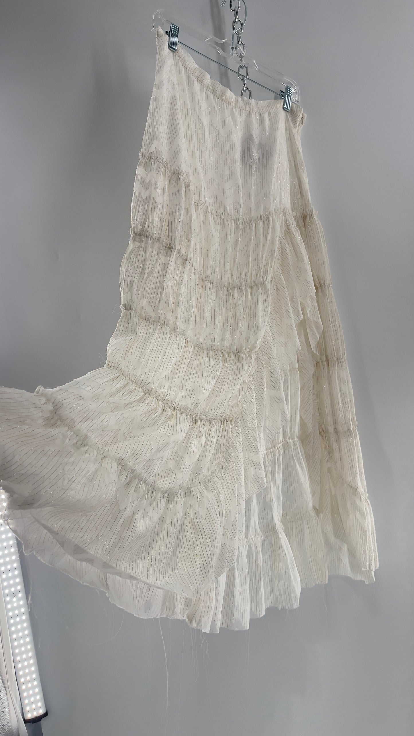 Free People Raw Edge Hem White Gold Tinsel Skirt with Ruffle Side Slit (Small)