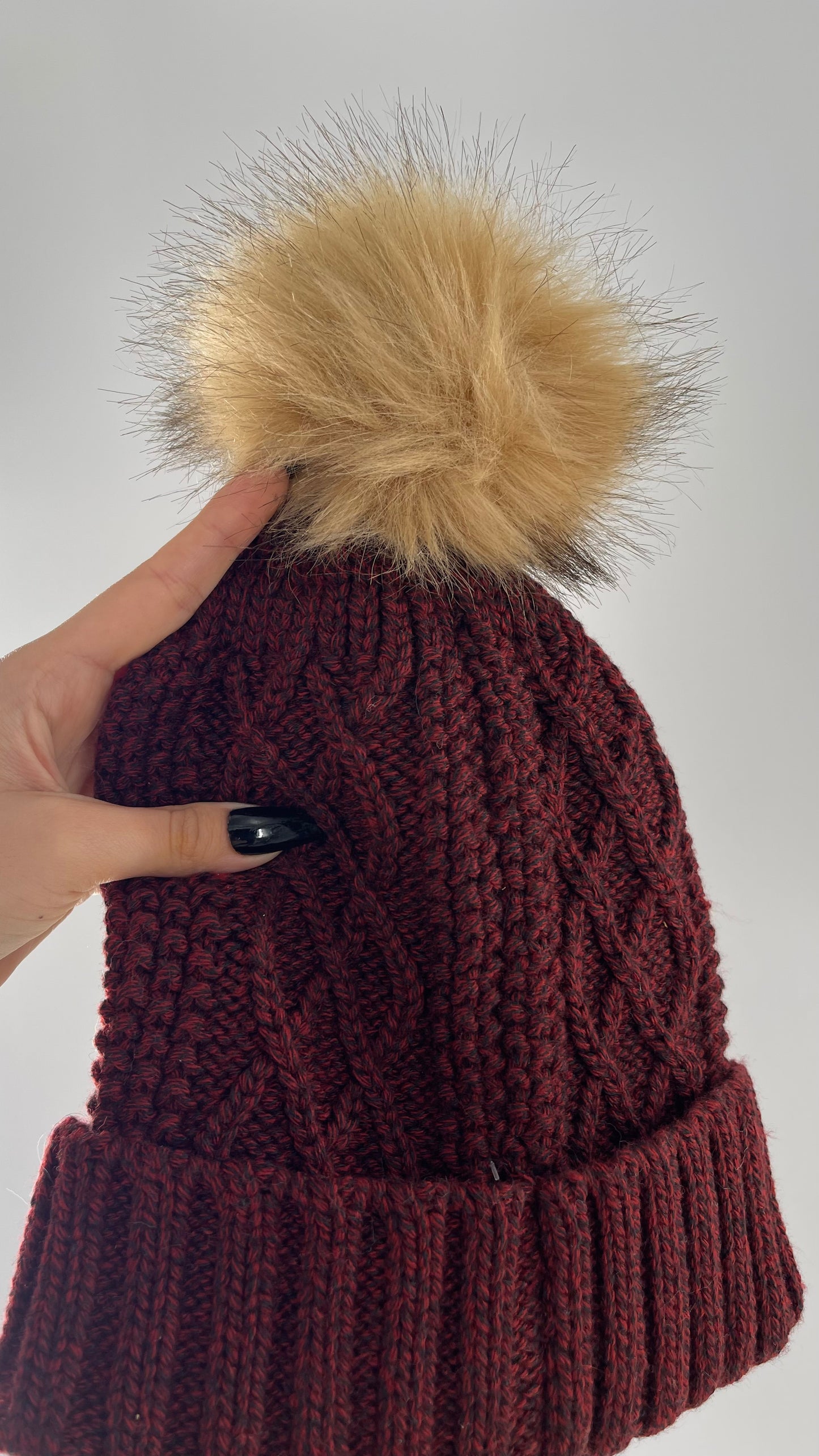 Urban Outfitters Burgundy Knit Beanie with Tan Faux Fur Pom