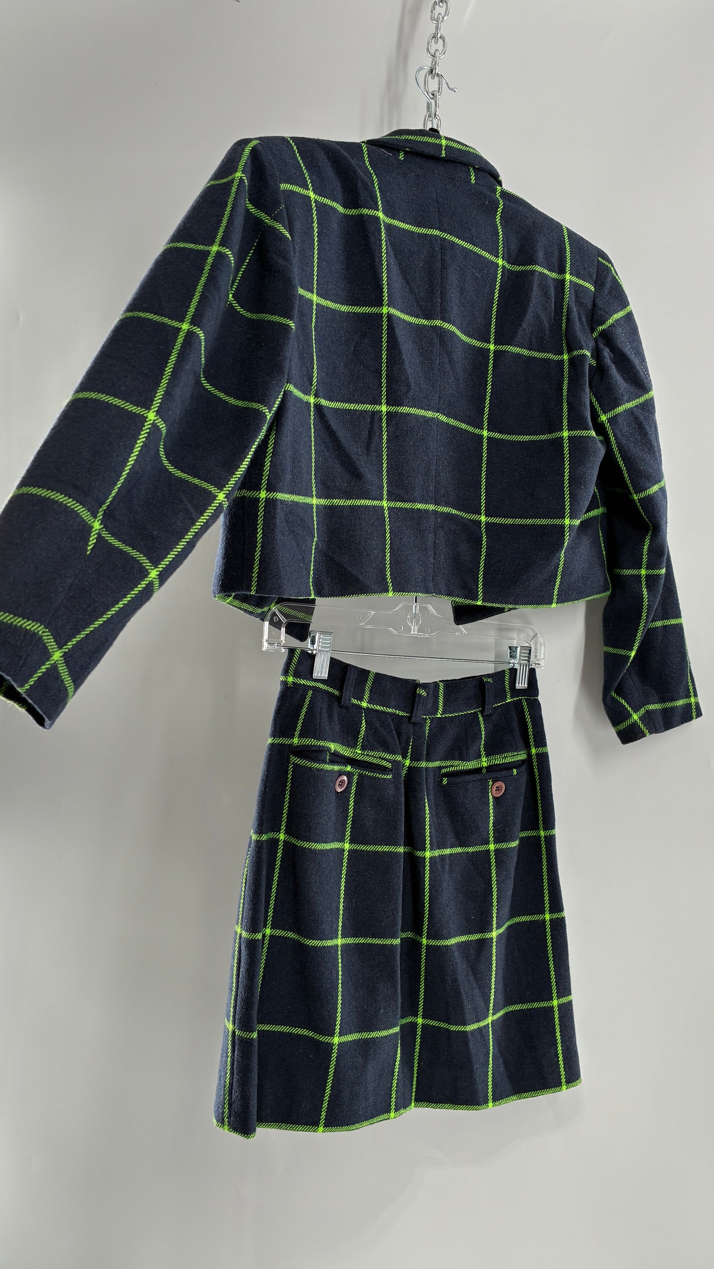 Vintage FIORUCCI GANG Navy and Neon Green Plaid Suit Set with Cropped Blazer and Mini Skirt (40,42)