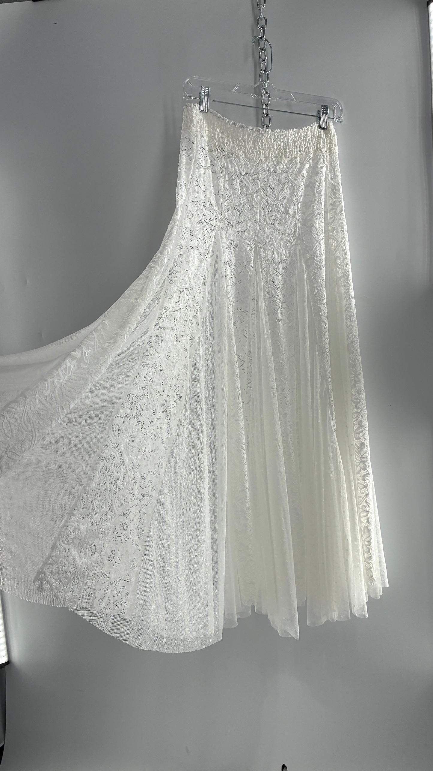 Intimately Free People White Lace and Polka Dot Mesh Voluminous Full Length Skirt (Medium)