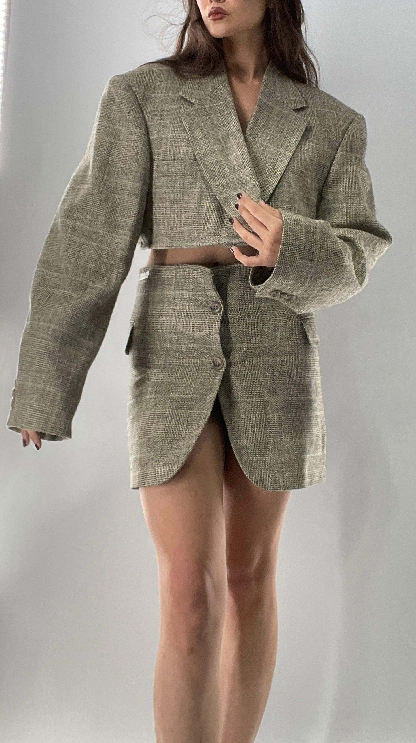 Vintage HAGGAR Handmade Upcycled Suit Set: 70% Wool Grey Blazer and Mini Skirt