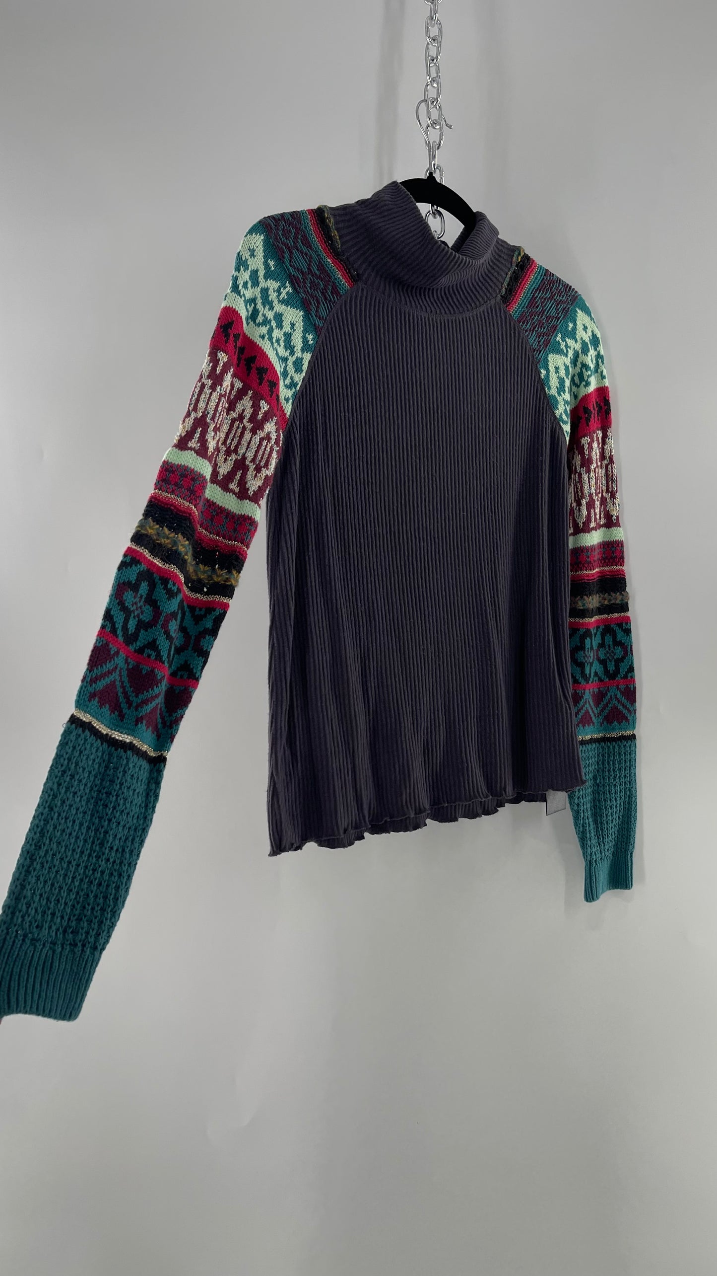 Free People Grey Cozy Knit with Colorful Patterned Knit Sleeves (Small)