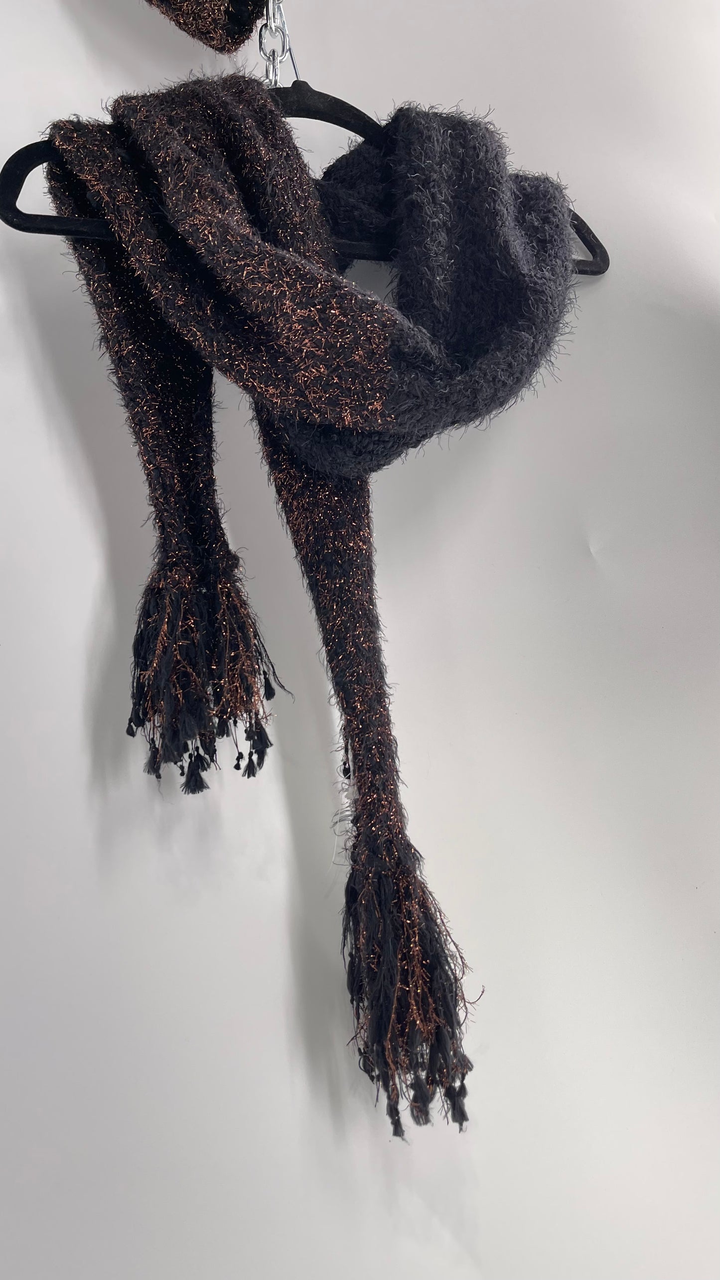 Anthropologie Bronze Tinsel Black Knit Beanie and Skinny Pom Scarf 2pc Set with Tags Attached