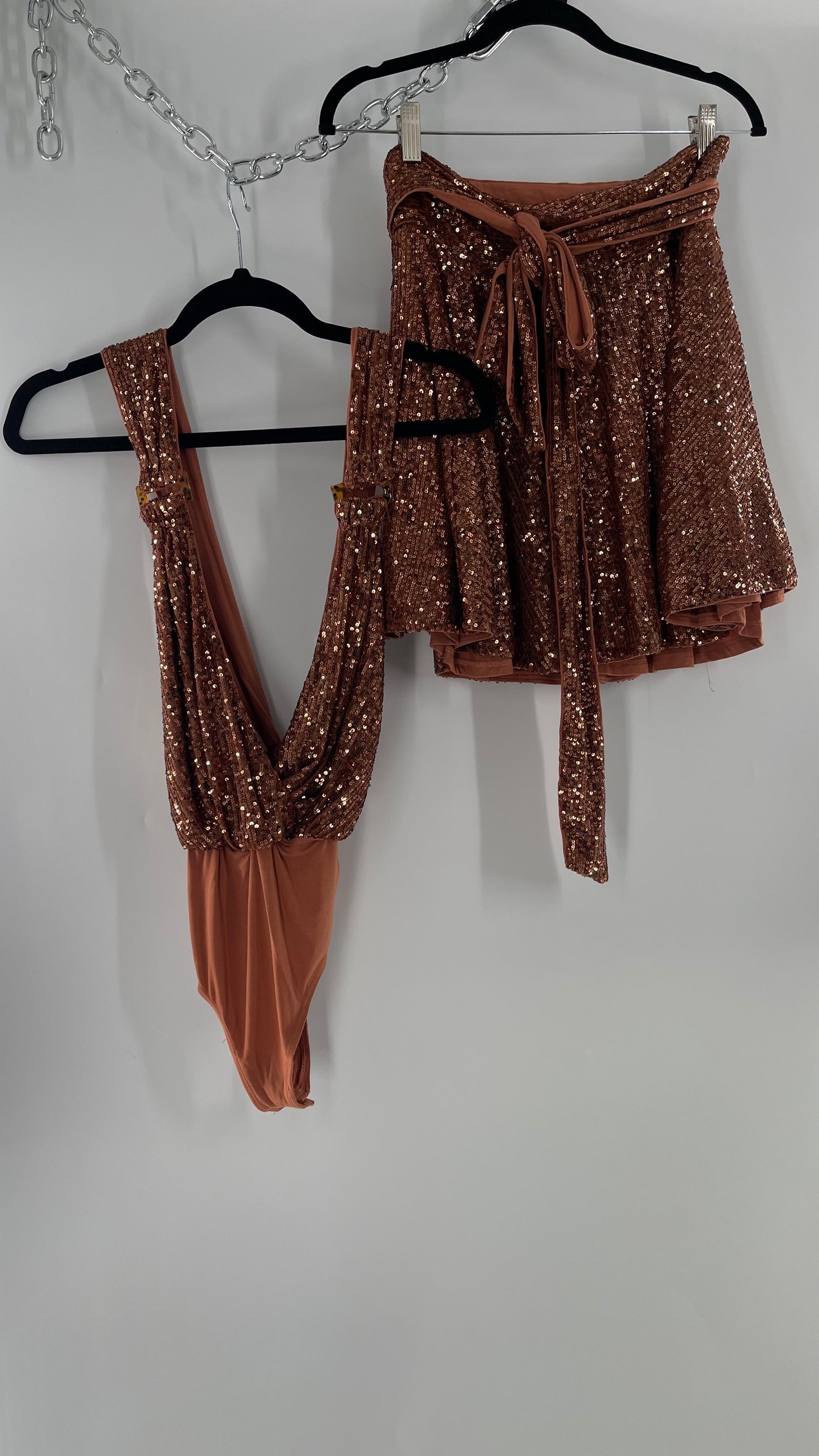 Free People Bronze Sequin 2Piece Set with Wrap Around Skirt and Bodysuit (XS body, S Skirt)