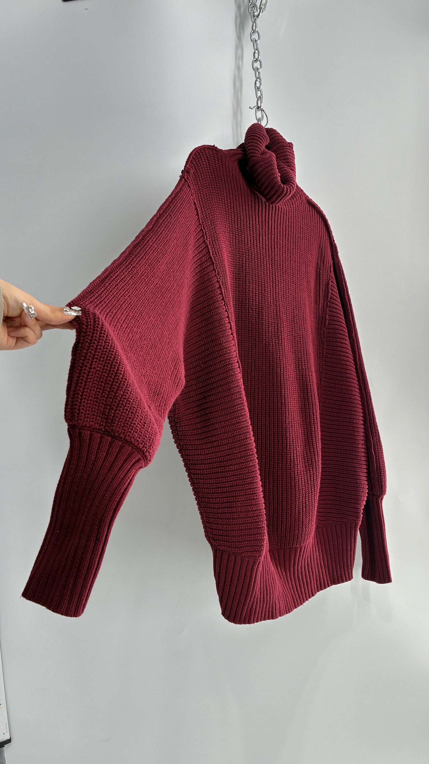 Free People Oversized Heavy Thick Knit Maroon Turtle Neck Sweater (Large)