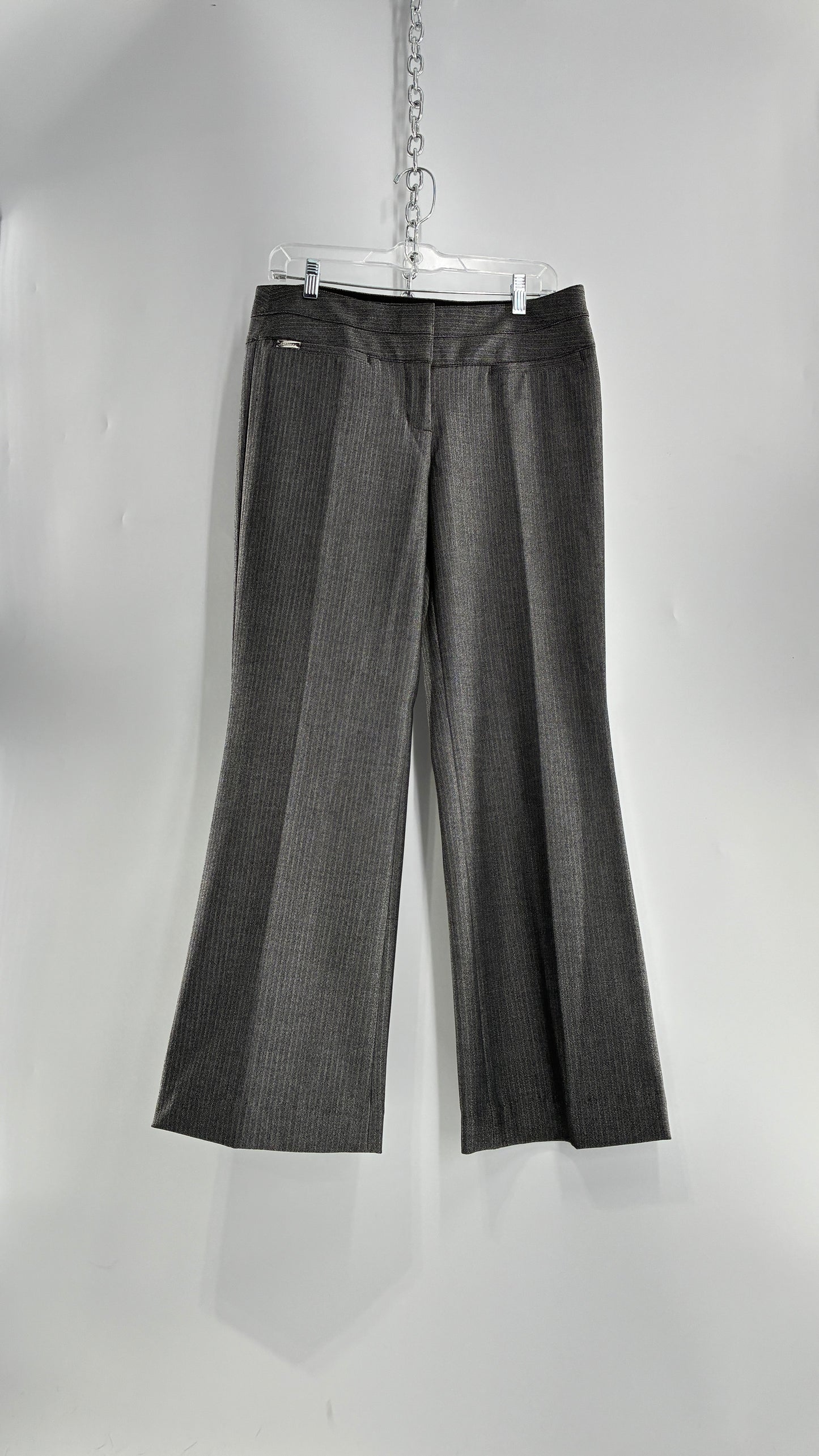Vintage 1990s EXPRESS Editor Dark Grey Pinstripe Ultra Low Rise Thick Hip Band Kick Flares (6R)