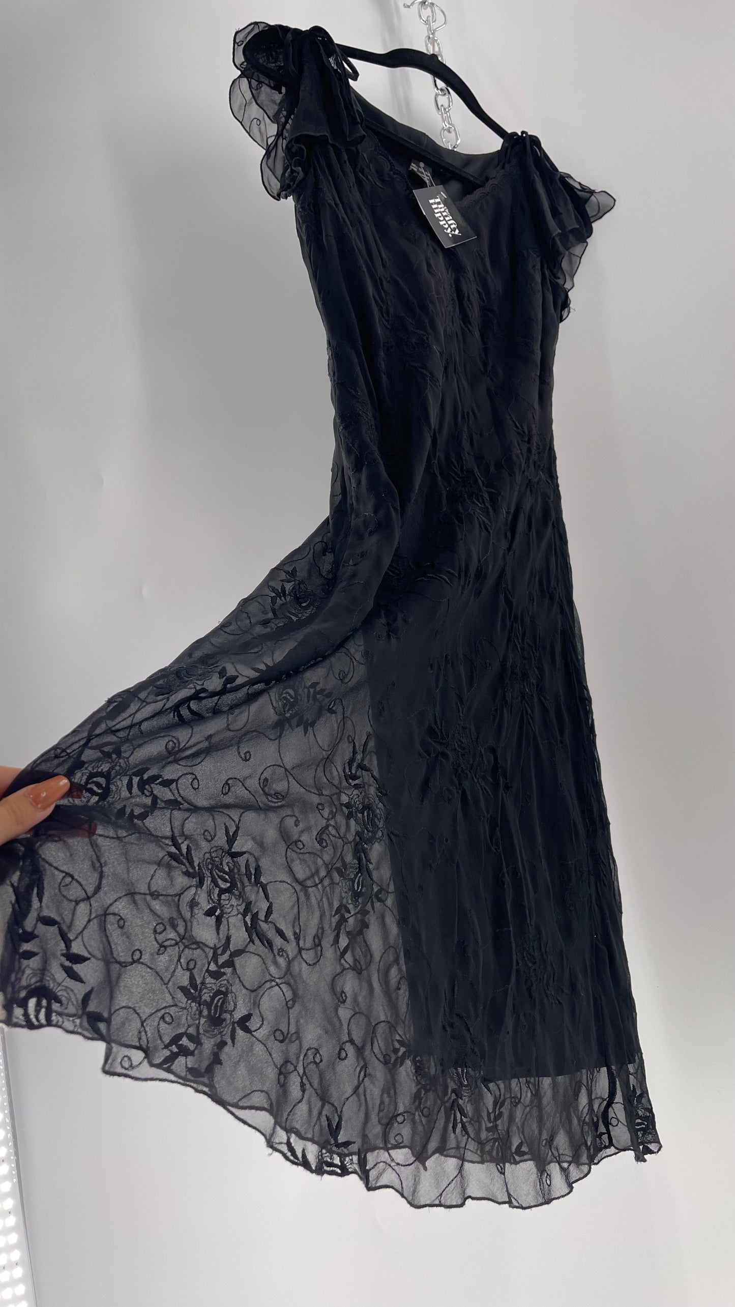 Vintage Jonathan Martin 100% Silk Black Embroidered MIDI Dress with Tie Shoulder Detail (10)