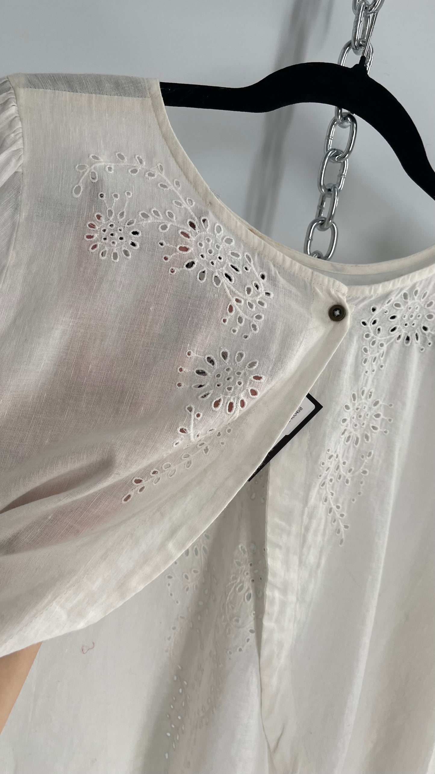 Free People Off White Cotton Open Back Eyelet Lace Short Sleeve (Medium)