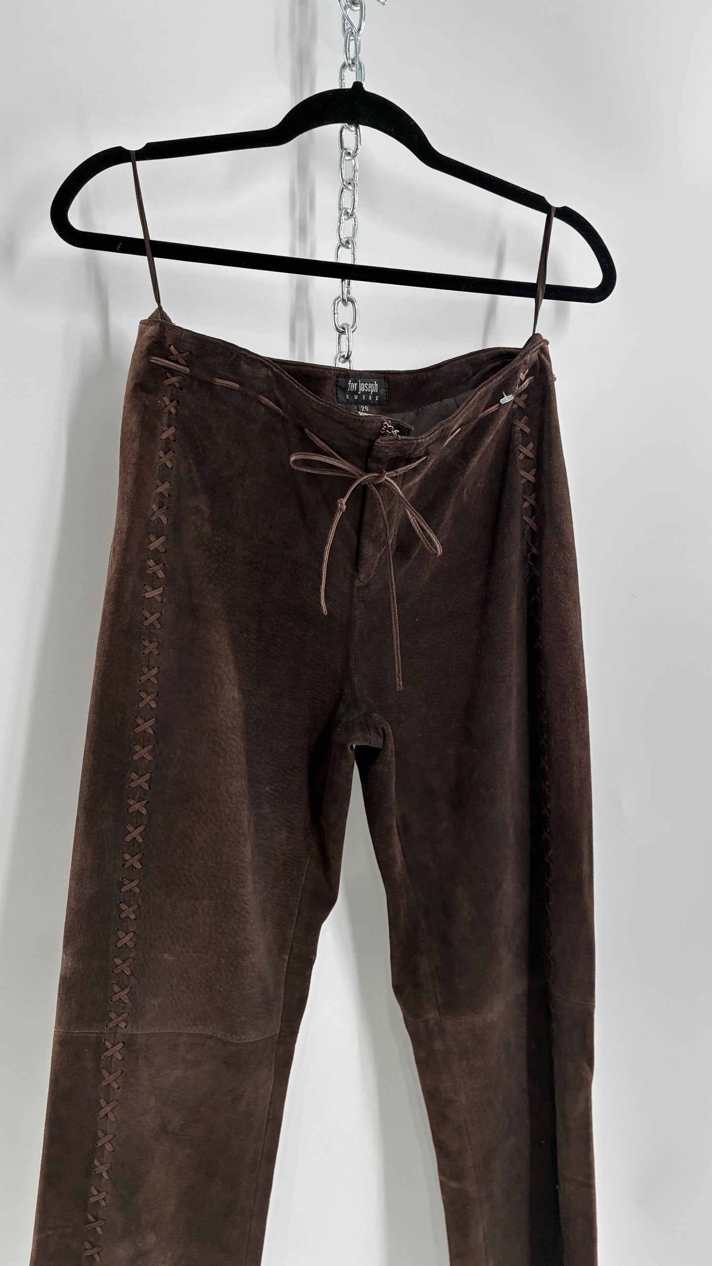 Vintage FOR JOSEPH Low Rise, Chocolate Brown Suede Pants with Leather Stitch Sides and Bow Closure (28)