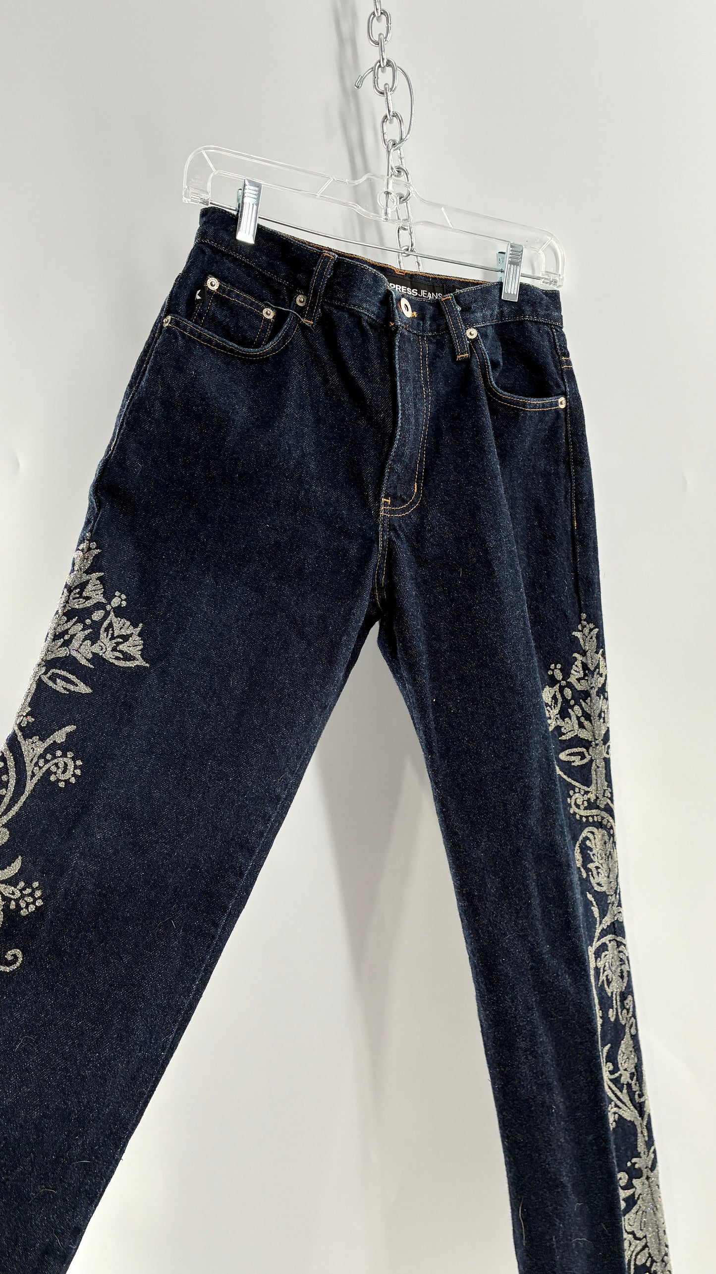 Vintage EXPRESS JEANS Dark Wash with Iridescent, Embellished, Textured Design Running Down Pant Leg (3/4)