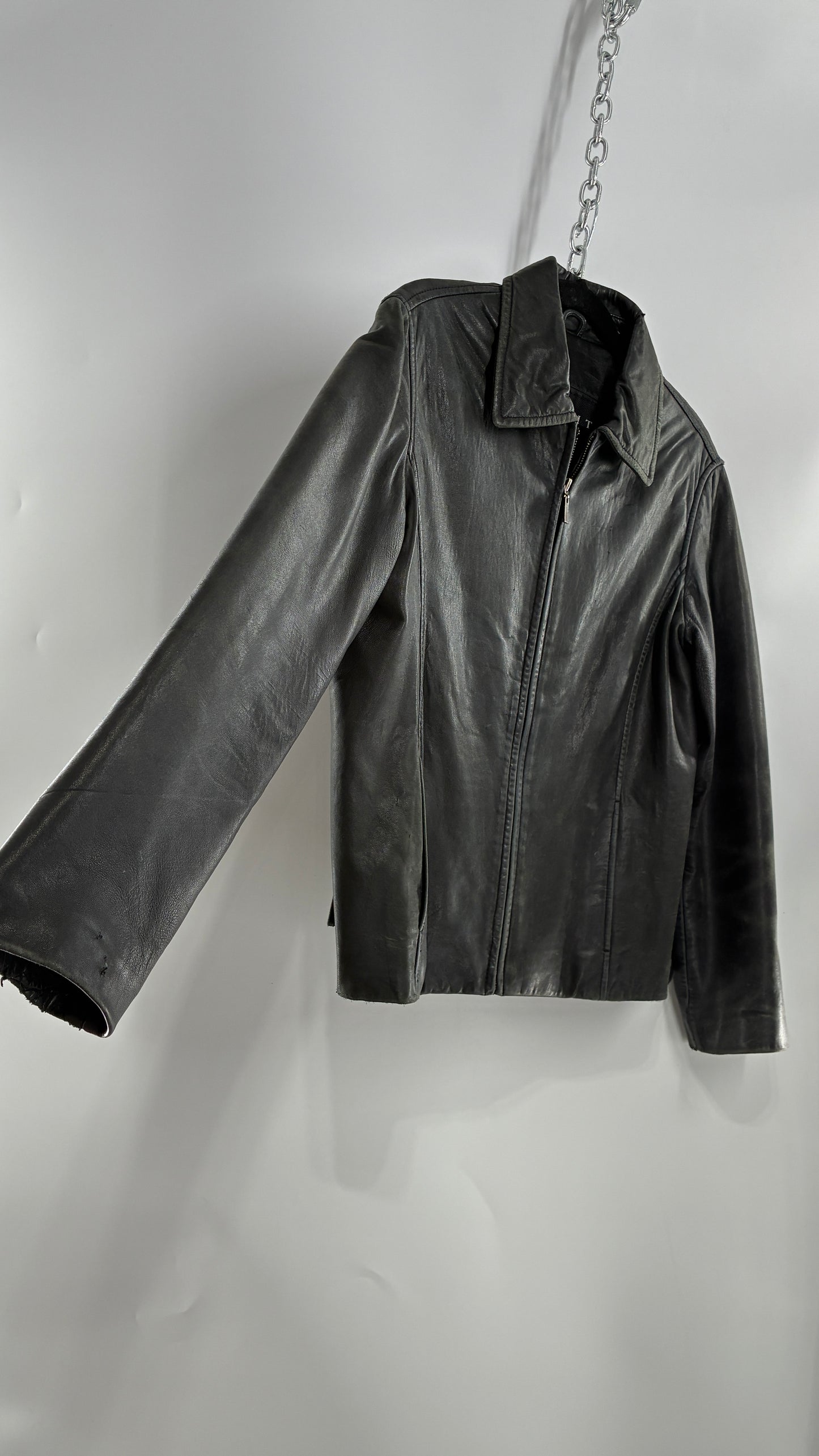 Vintage WINLIT New York Black Leather Collared Zip Front Paneled Jacket (Large)