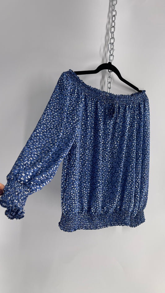 Michael Kors Blue and Silver Off the Shoulder Bubble Sleeve Smocked Blouse (Medium)