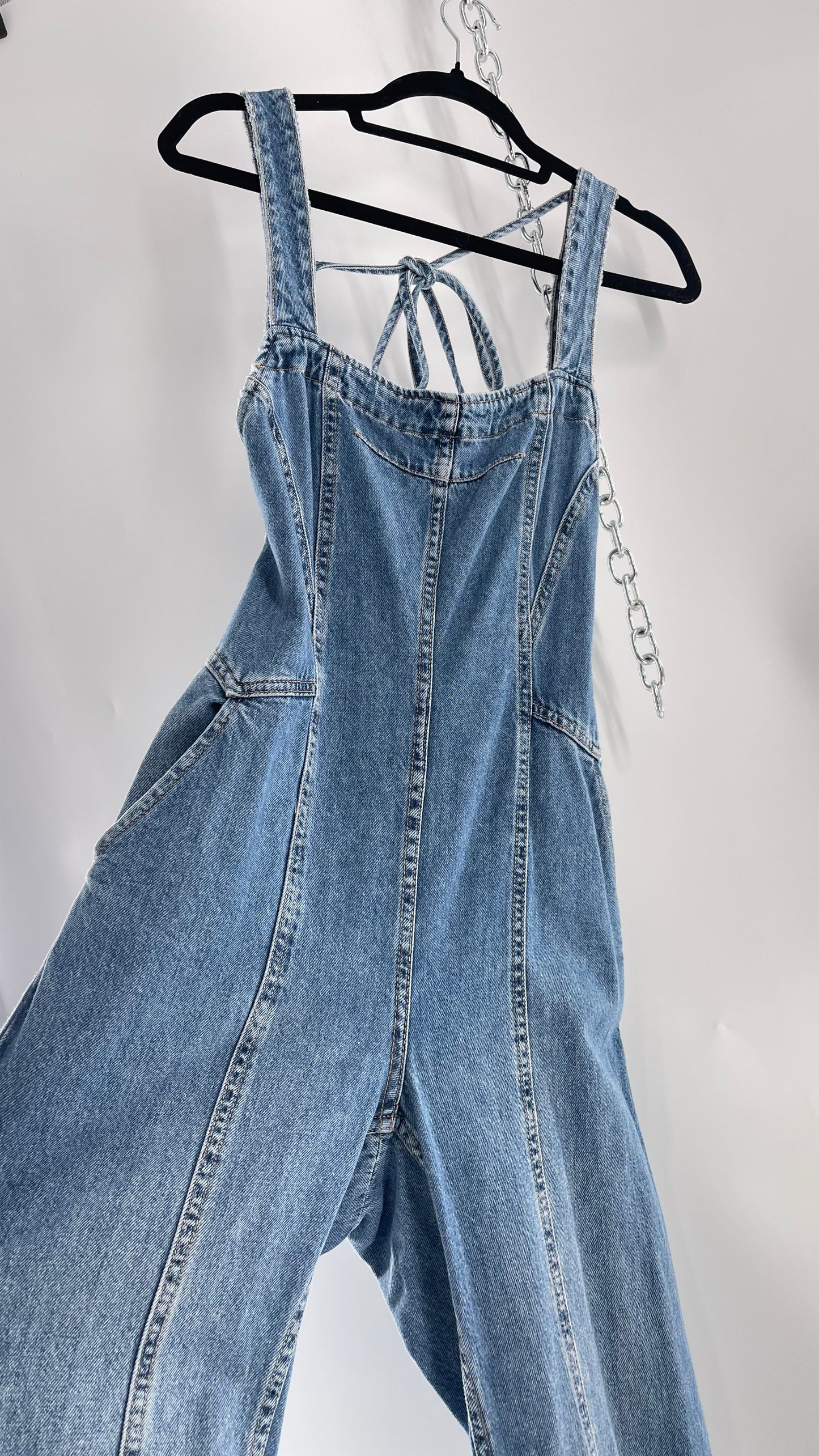 Free People Denim Backless Wide Leg Jumpsuit with Tags Attached (Small)