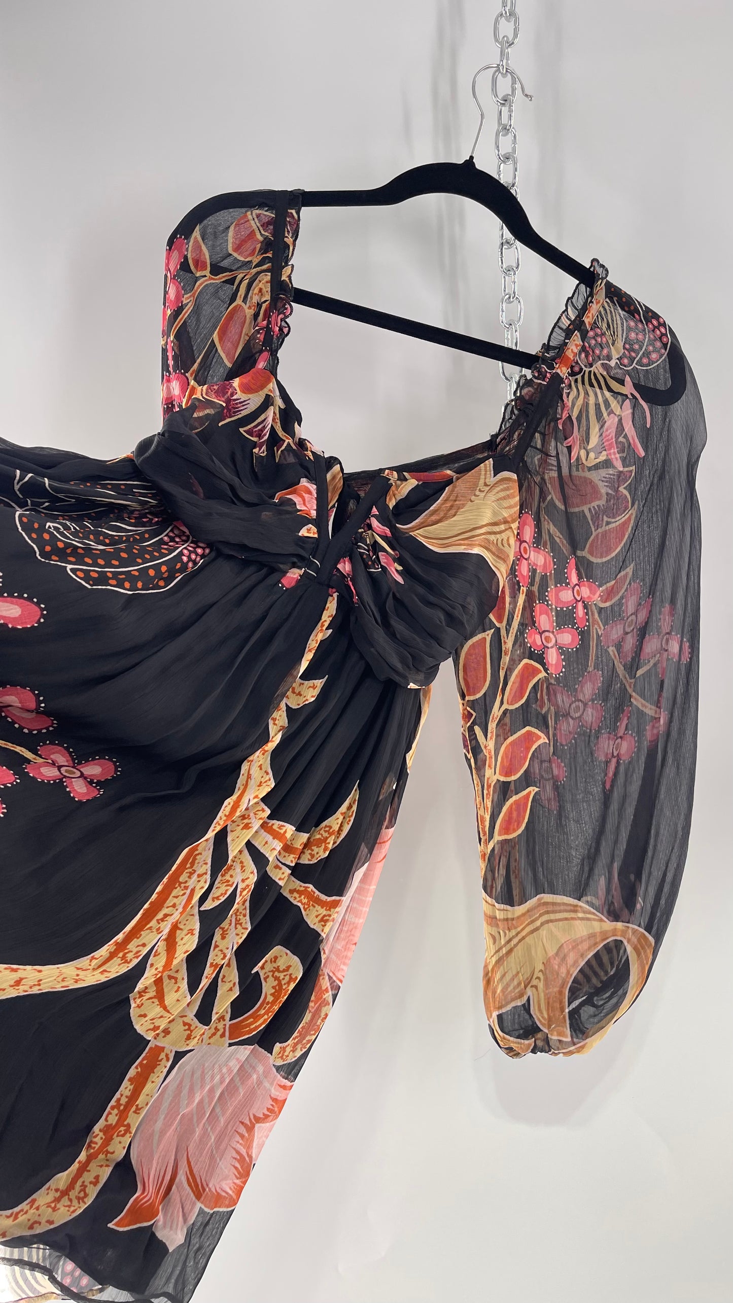 Anthropologie Let Me Be Crimped Black Chiffon Pink Floral Patterned l Dress with Tie/Open Back Detail and Tags Attached (Small)