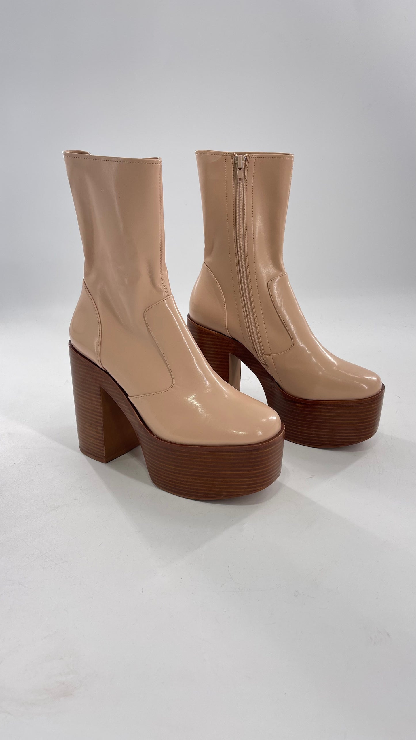 Free People X Jeffrey Campbell Mexique GoGo Boots • Beige Patent Boot with Wood Grain Chunky Block Heel and Platform (9)